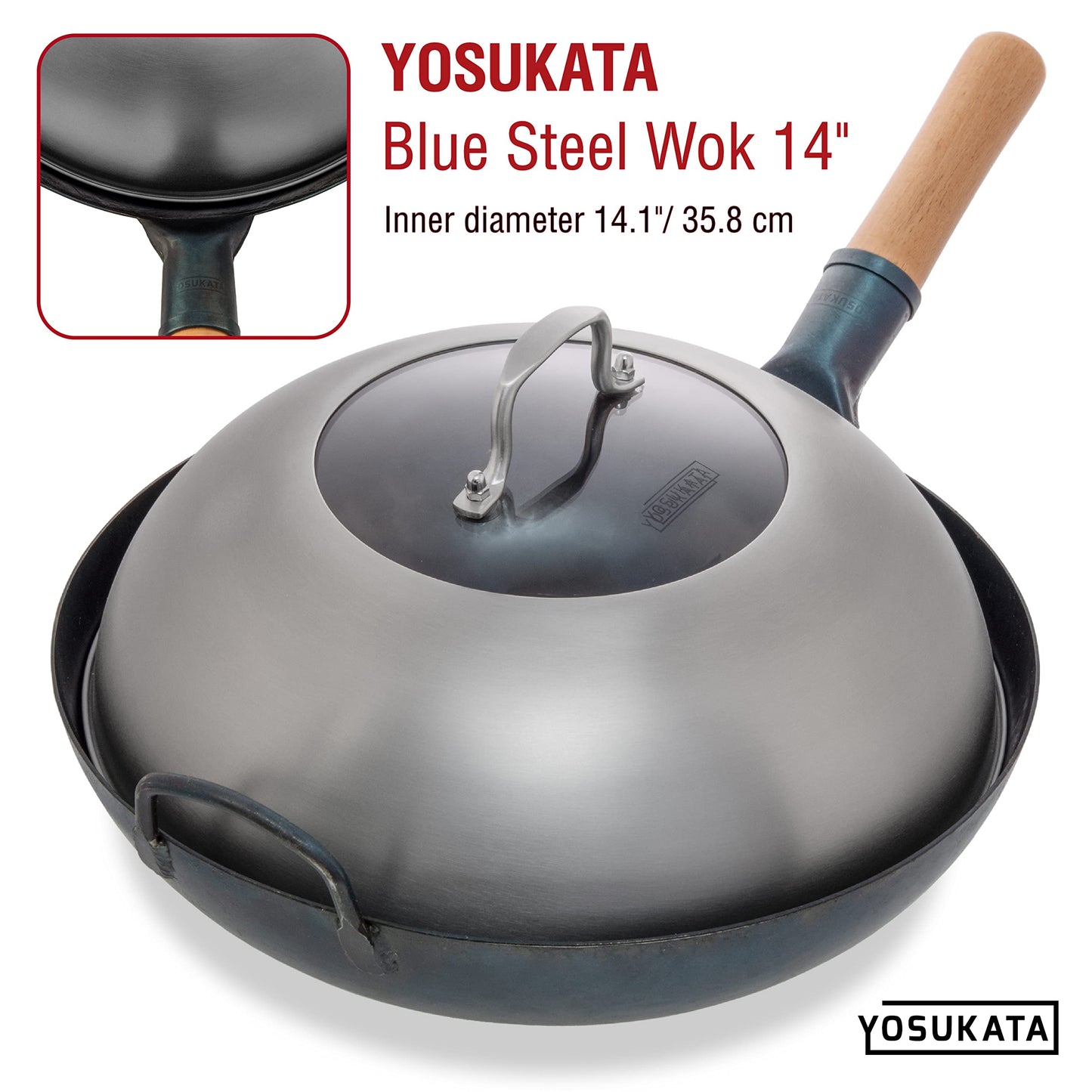 YOSUKATA Wok Lid 34.5 cm - Premium Stainless Steel Cover - Tempered Glass Insert Steam Holes - Ergonomic Handle -Durable Kitchen Accessories - Dishwasher-Safe Lid for 36 cm Wok for Asian Cooking