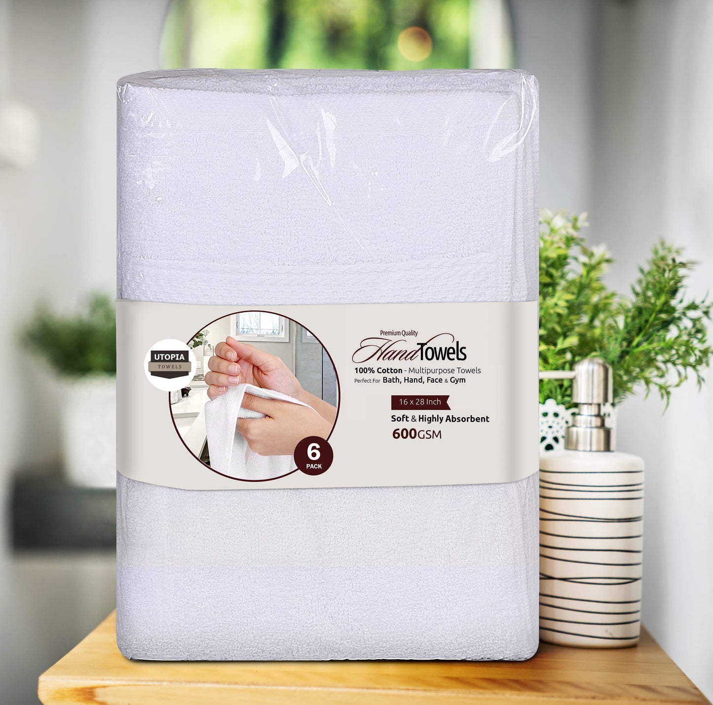 Utopia Towels 6 Pack Premium Hand Towels, 16 by 28 inches, 100% Ring Spun Cotton, Soft and Absorbent 600 GSM Towels for Bathroom, Gym, and Hotel, White