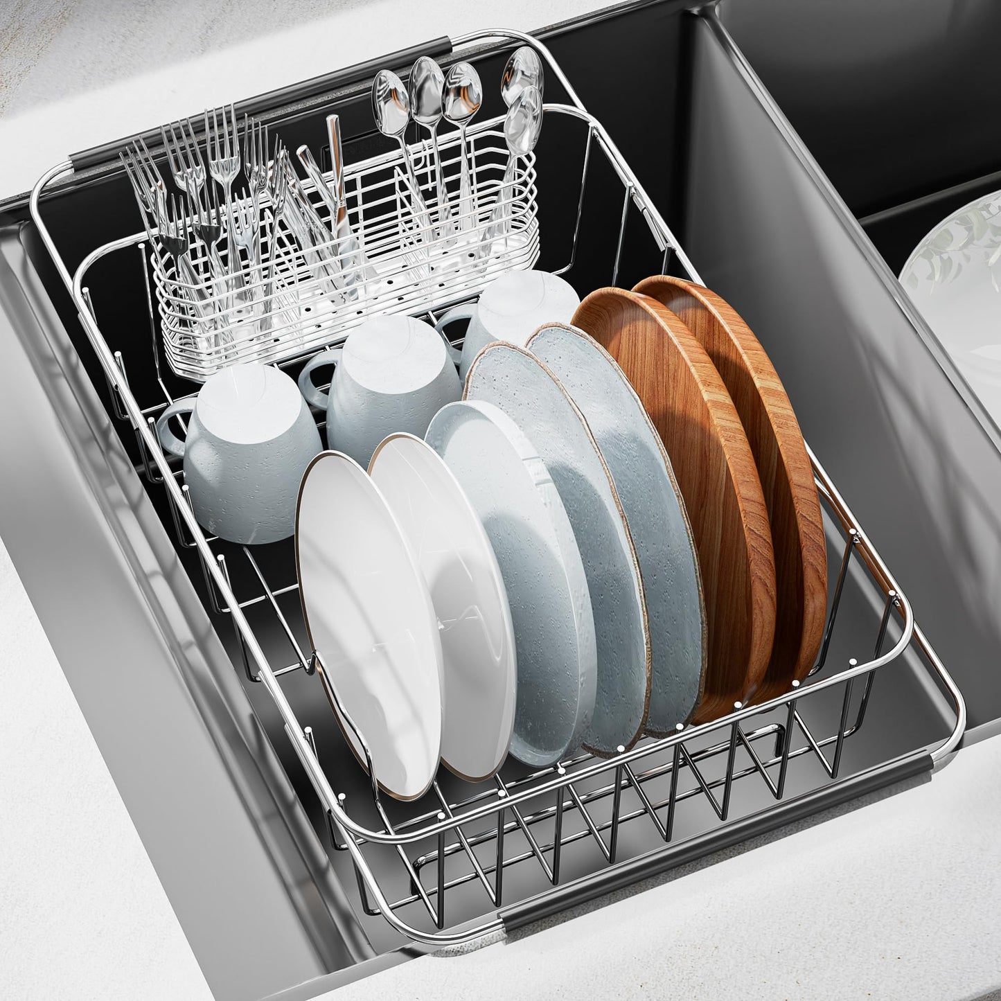 Dish Drainer Rack in Sink Adjustable 13.98" to 21.06", Expandable Stainless Steel Metal Dish Drying Rack Organizer Shelves with Stainless Steel Utensil Holder Over Sink Counter