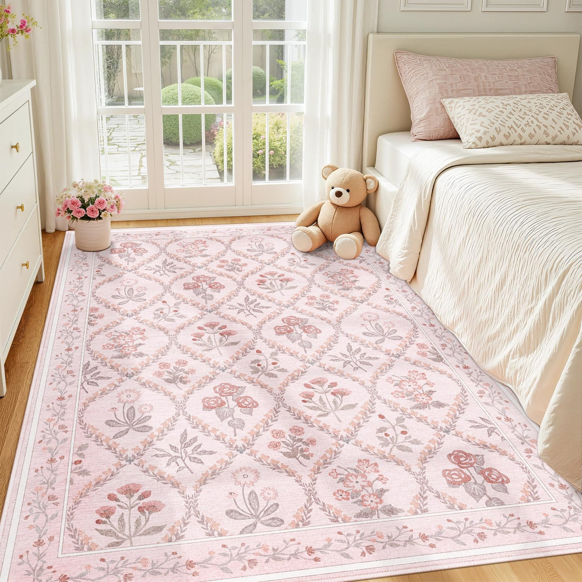 Dadasgk Area Rug 5x7 Washable Rugs for Living Room, Pink Boho Floral Rugs for Bedroom Nursery Girls, Soft Non-Slip Low-Pile Large Carpet for Kids Room Playroom Dorm Dining Room, Light Pink Cute