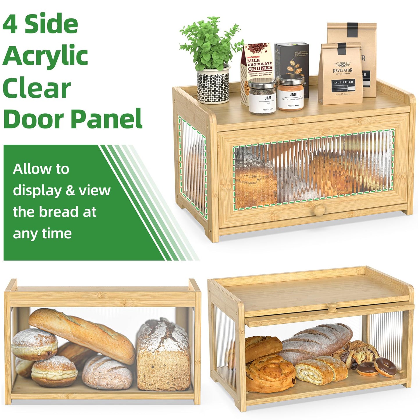 BAMBANG Extra Large Bamboo Bread Box for Kitchen Counter, Bread Storage Container Farmhouse Bread Box with 3 Sides Wavy & Back Clear Window, Breadbox Bread Bin Holder for Homemade Bread, Natural