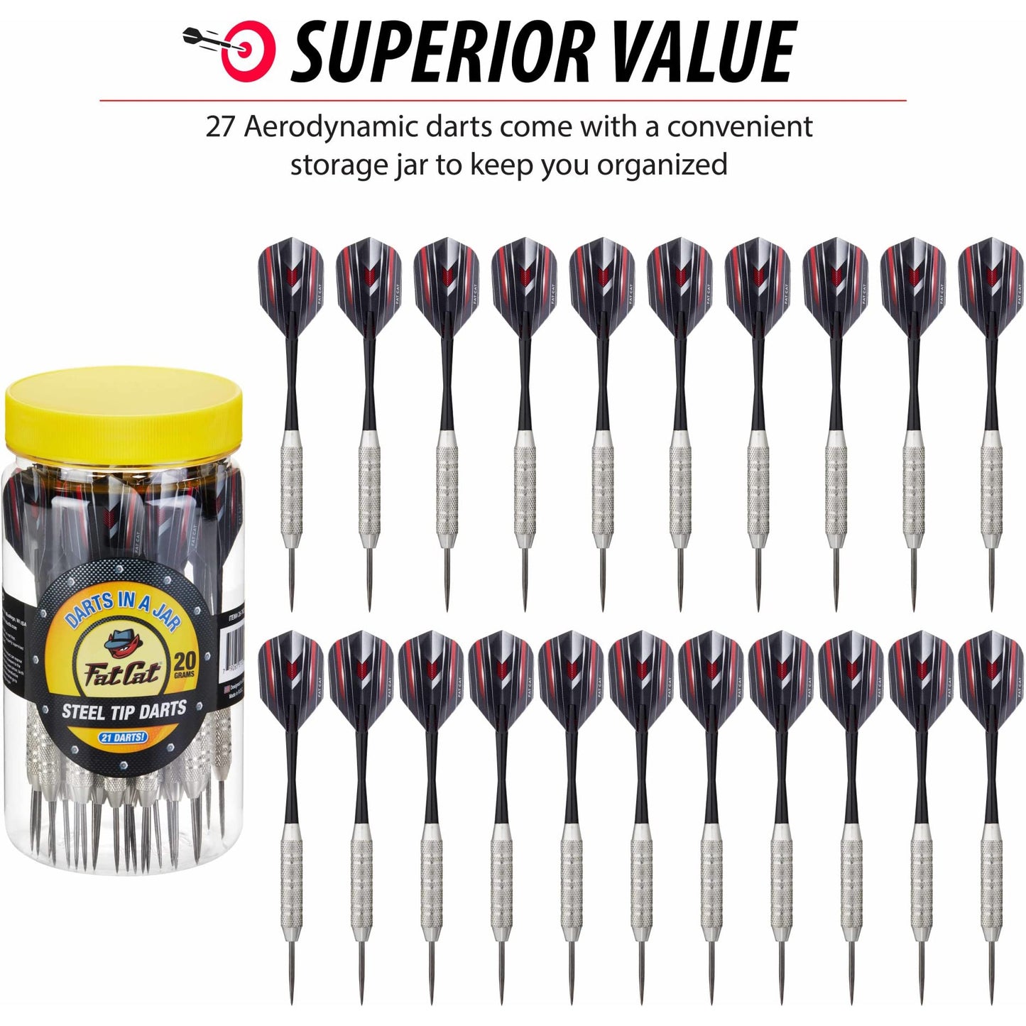 Fat Cat Darts in a Jar: Steel Tip Darts with Storage/Travel Container, 19 Grams (Pack of 27)