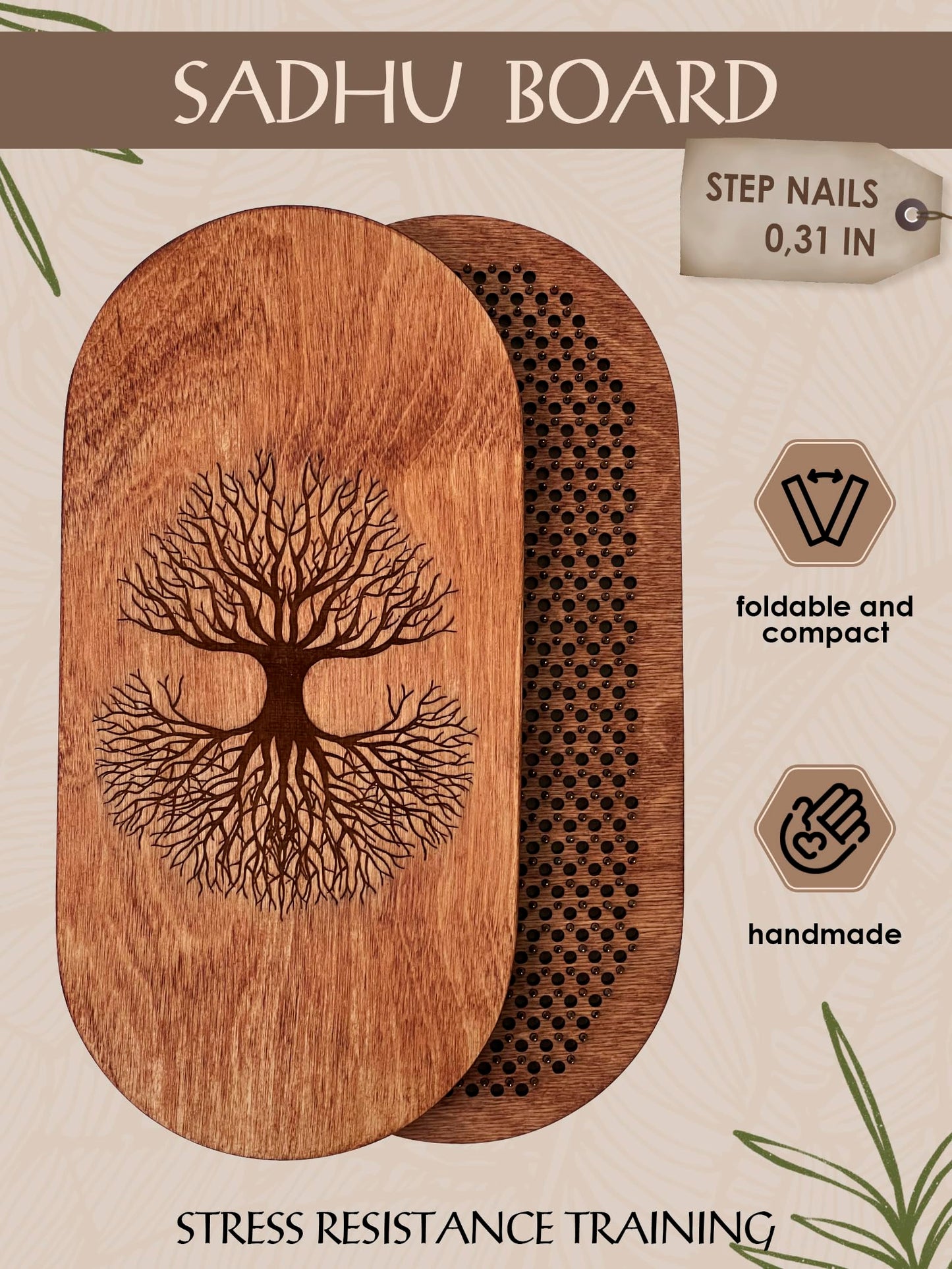 Wooden Yoga Board for Acupressure and Meditation with Nails for Deep Tissue Massage, Sadhu Board for Yoga Practice, Acupuncture Massage (oval tree 0.31 in)