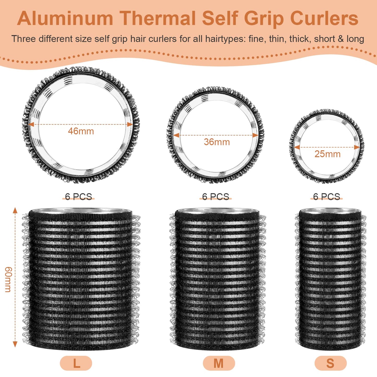 37 Pcs Aluminum Thermal Hair Rollers Set 3 Sizes Self Grip Hair Rollers 18 Pcs Duckbill Clips, Comb Hairdressing Styling Tool for Women, Men(0.98'', 1.42'', 1.8'',Black)