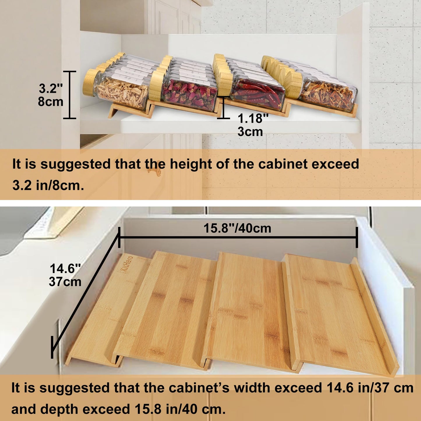 KitHero Spice Drawer Organizer with 28 Bamboo-lidded Spice Jars and 216 Labels,Non-slip Rubber, Bamboo 4 Tier Spice Racks Tray Seasoning Containers for Kitchen Drawers,Cabinets,13" Wide * 15.8" Deep