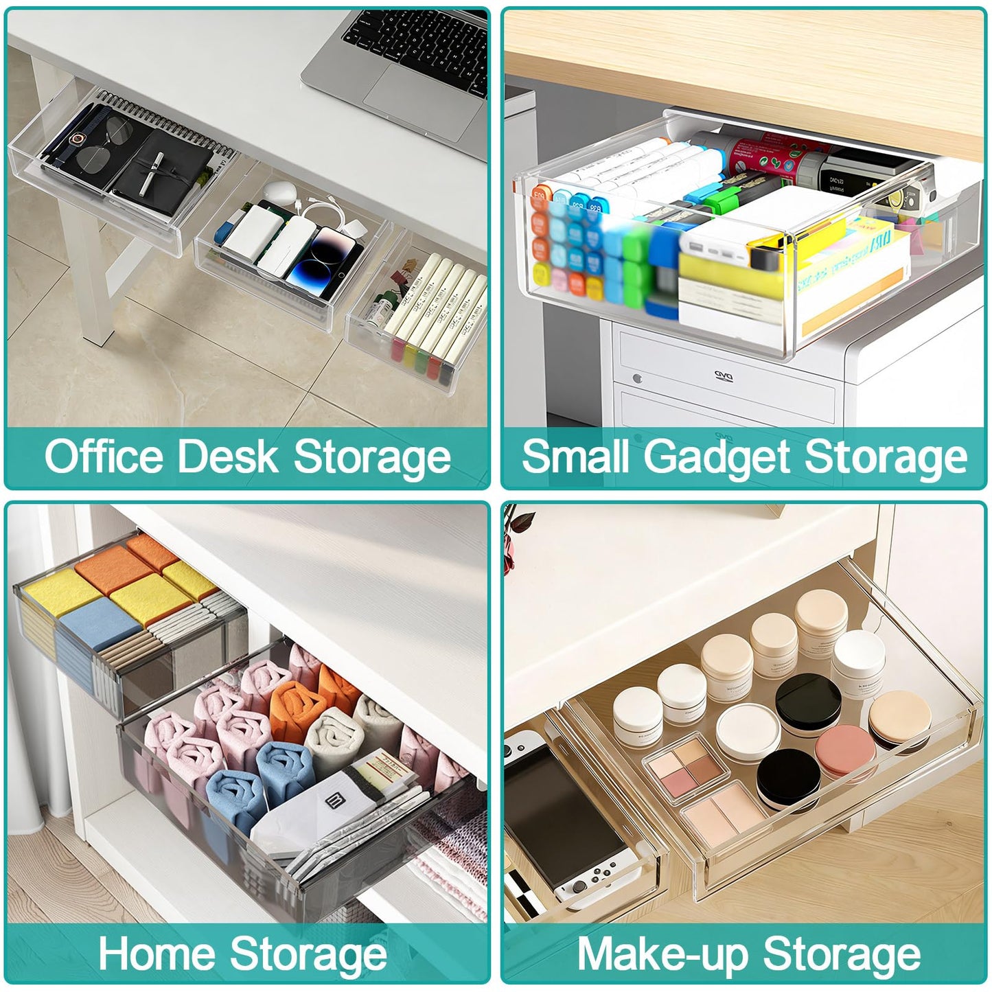 SVNNELP Under Desk Table Drawer Storage Organizer,3 Pack Large & Medium & Small Slide Out Desk Drawers - Hidden Desktop Organizer,Attachable Pencil Storage Tray Under Table(Clear White),S+M+L