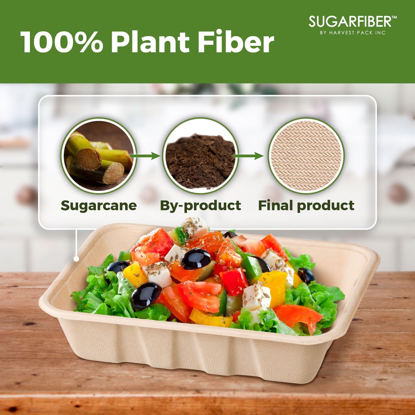 [100 COUNT]Harvest Pack 32 oz Compostable Food Trays, 8.49" x 6.45" x 1.86" Disposable PFAS FREE Food Container, Bagasse Rectangle Paper Plates, Sugarcane Eco-Friendly Plant Fibers, No Lids included