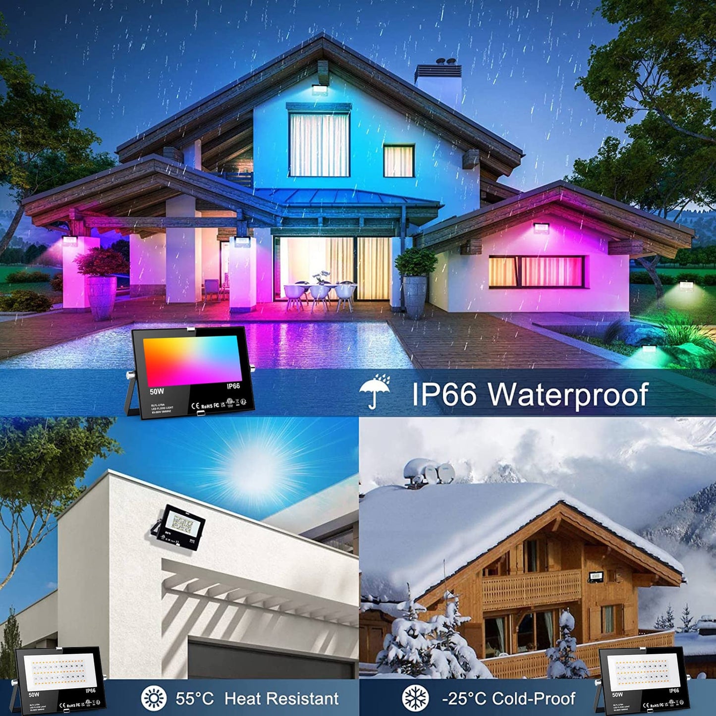 Flood Lights Outdoor RGB with Stake, 500W Equivalent Smart Color Change & Daylight 5700K Landscape Light, IP66 Patio Lights via App Control, Indoor Ambient Lighting, DIY Scenes/Music Sync/Timing-4Pack