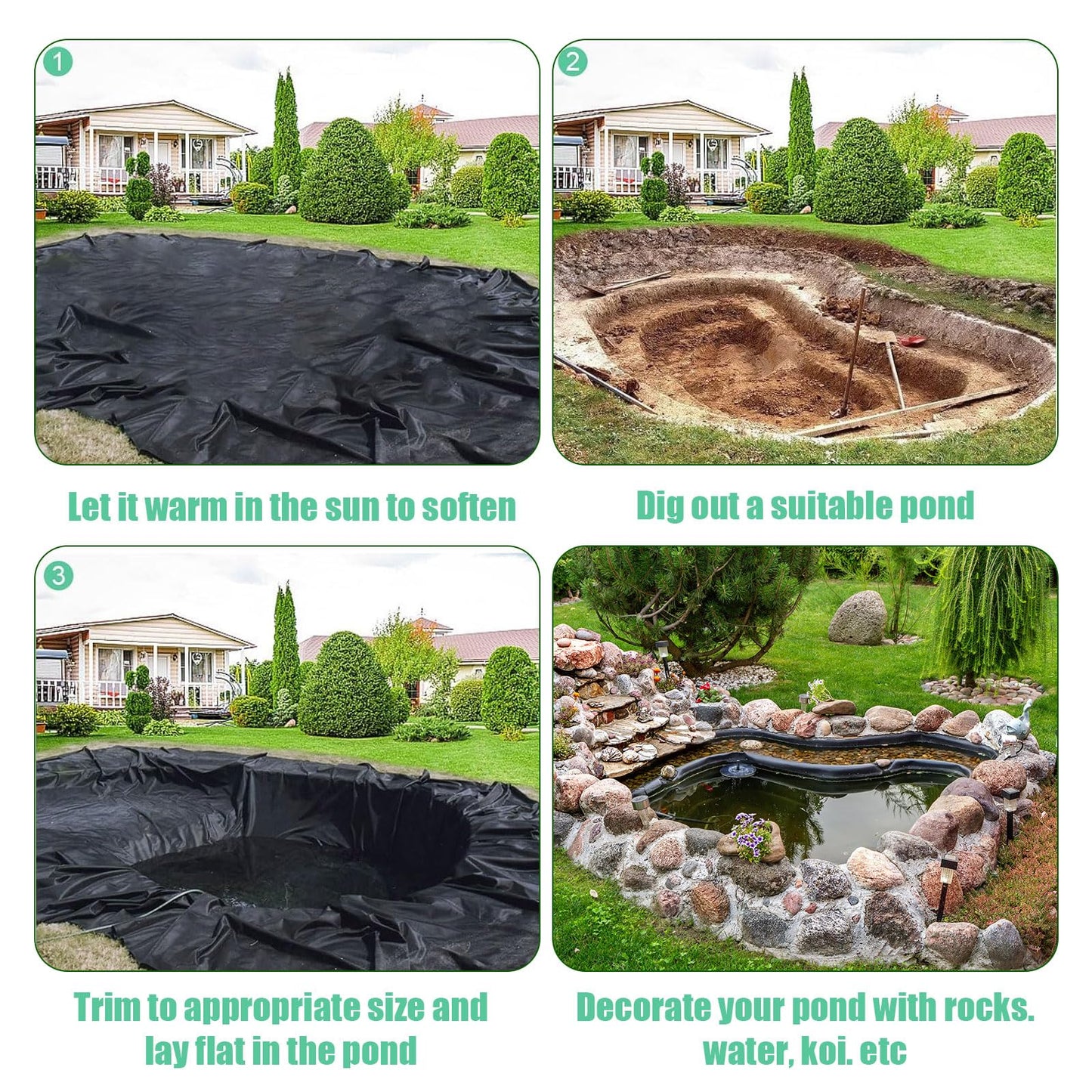 10 x 15 ft Pond Liner, 20 Mil Thickness, UV Resistant Preformed HDPE Pond Liner for Backyard Koi Ponds, Pool, Water Features, Fountains, Waterfall and Water Gardens, Black