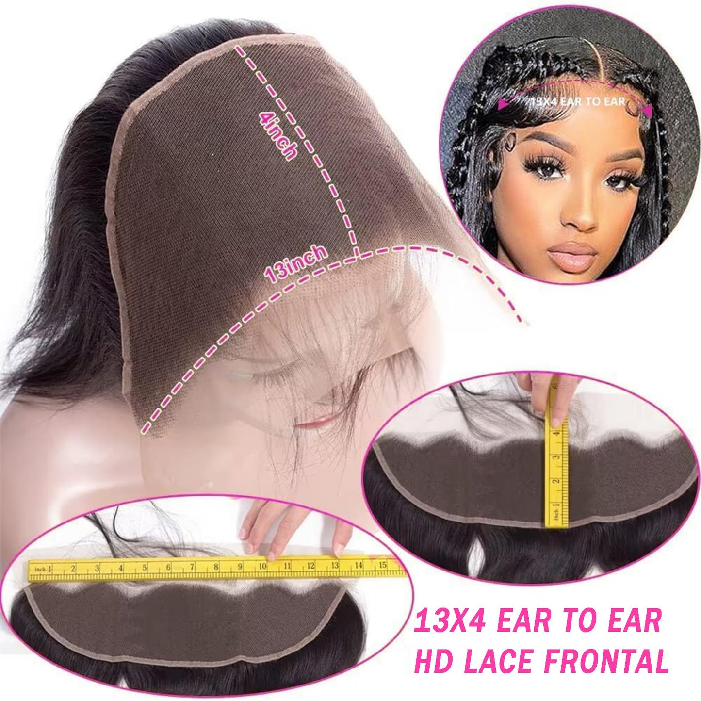 13x4 Lace Frontal Closure Body Wave Ear to Ear HD Lace Frontal Human Hair 12 Inch Brazilian Virgin Human Hair Closure Free Part 150% Density Body Wave Hair Extensions Pre Plucked Natural Black