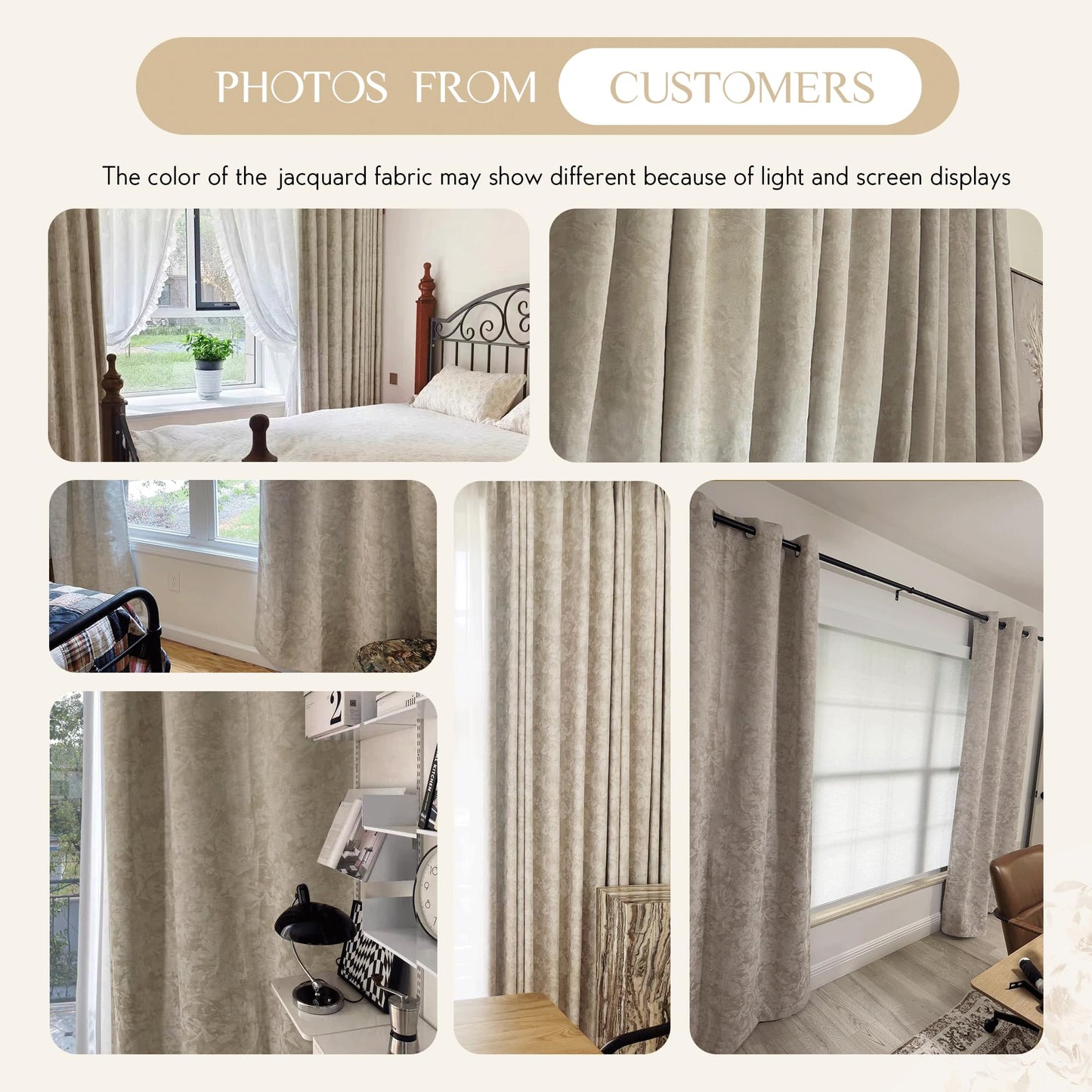 Beauoop Beige Floral Jacquard Blackout Curtains 84 Inches Long 2 Panels for Bedroom Living Room Taupe Flower Chenille Room Darkening Thermal Insulated Soundproof Grommet Window Treatments Drapes 52x84