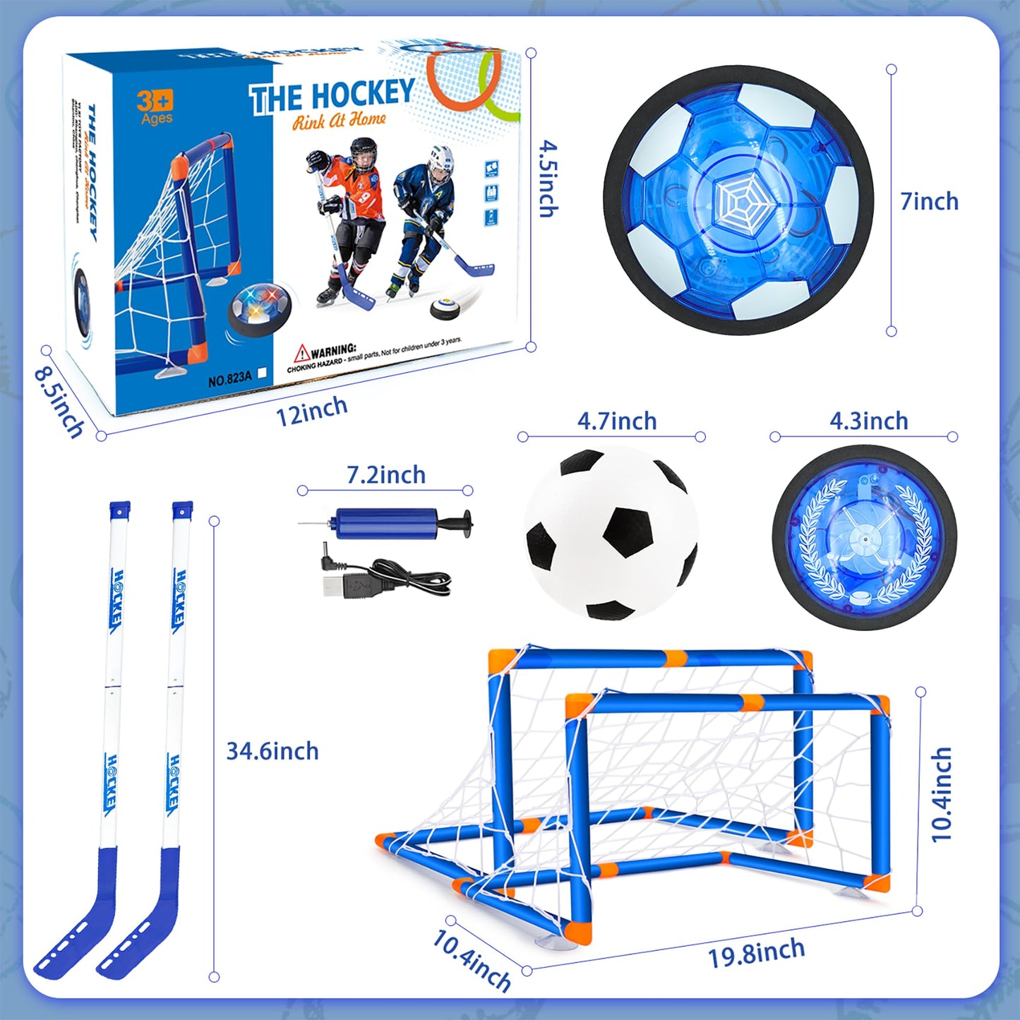 AJATA Hover Hockey Soccer Ball Set - 3-in-1 Rechargeable Boys Toys Hover Soccer Gifts for Boys Girls Kids 3 4 5 6 7 8-12 Blue