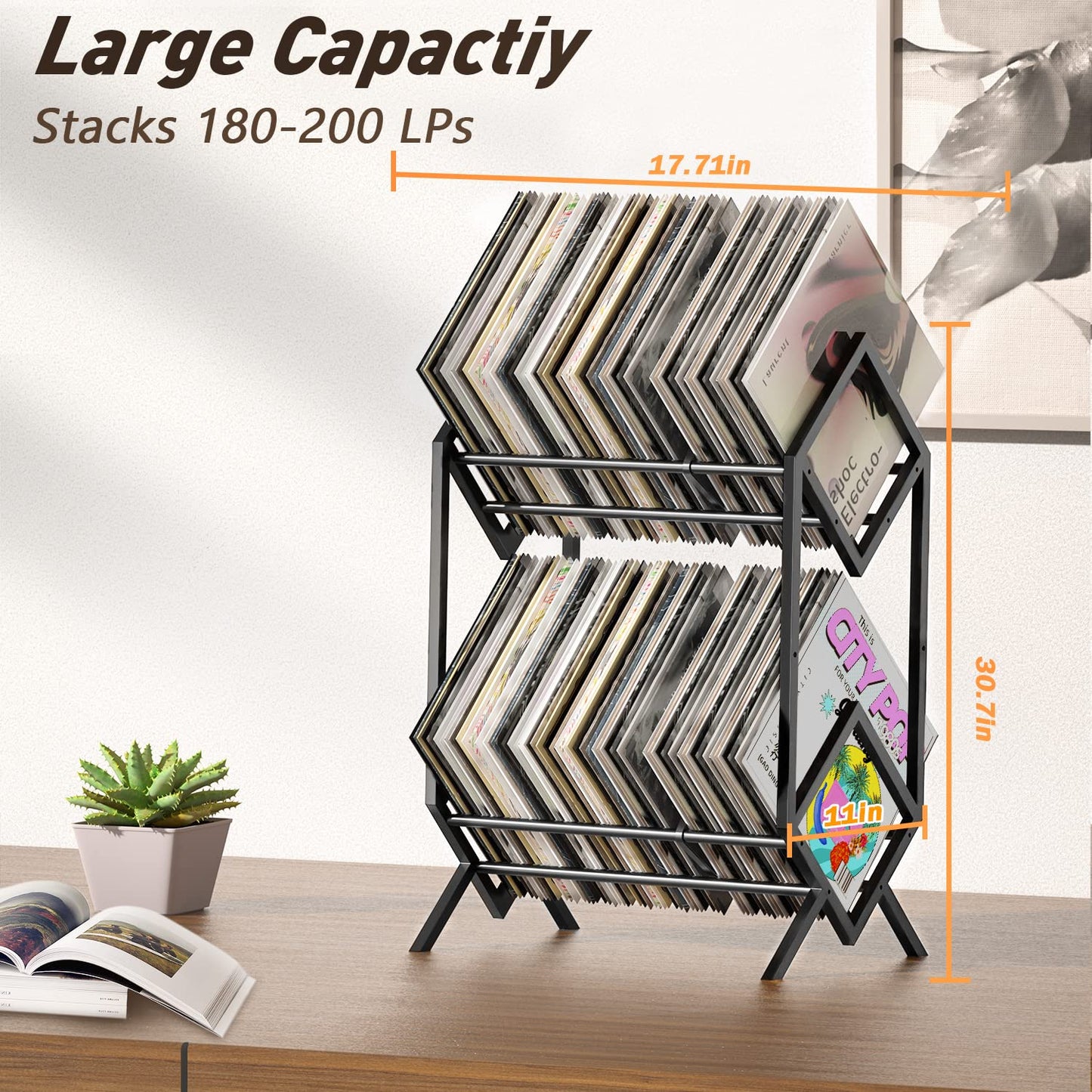 RUILALIFE 2-Tier-Vinyl-Record-Storage-Holder With Dividers, 200 LPs Albums Storage Rack Shelf, Steel Music Records Display Shelf Organizer For Book, Magazine, Files,Matte Black