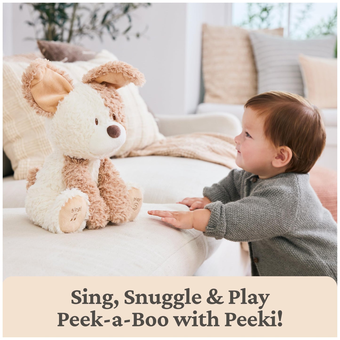 Baby GUND Peeki The Puppy Animated Plush, Singing Stuffed Animal, Sensory Toy for Babies and Toddlers, Plays Peek-a-Boo and Sings, Brown/Cream, 12”