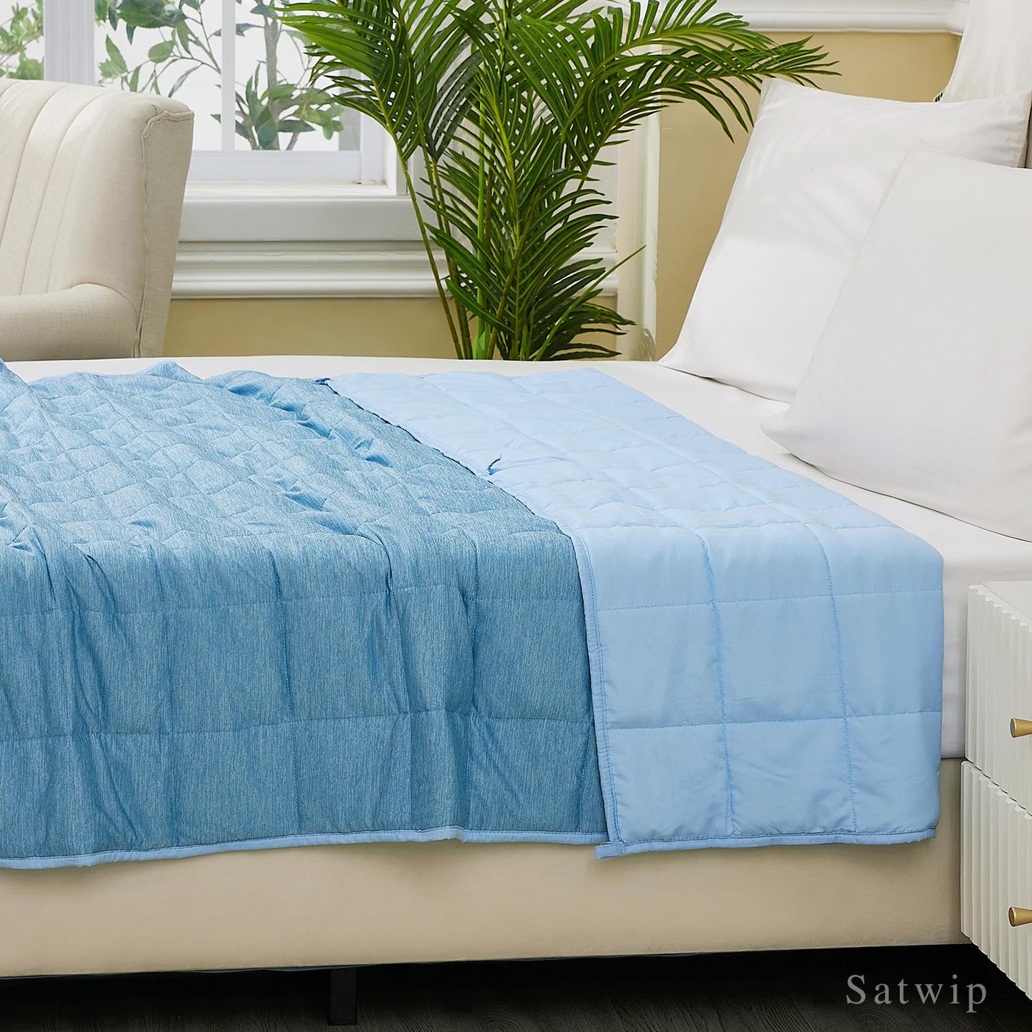Weighted Blanket Queen Size Cooling - Satwip 15 lbs Cool Moire Jersey Bed Blanket for Hot Sleeper with Soft Breathable Sanded, 60 x 80 inches, Blue