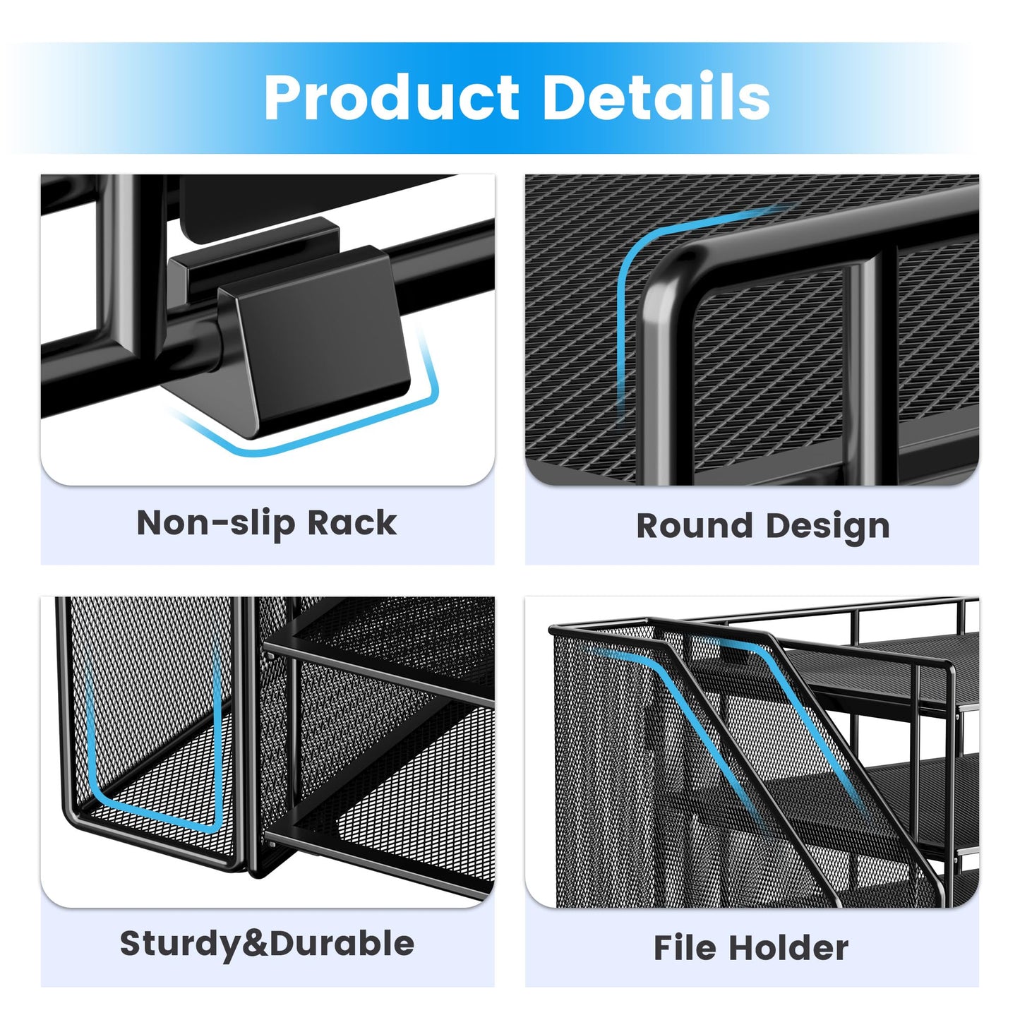 Office Paper Organizer with File Holder, 4 Tier Desk Tidy Organiser with 1 Paper Tray Storage for Magazine, Home, School, Office Stationary Supplies (Black)