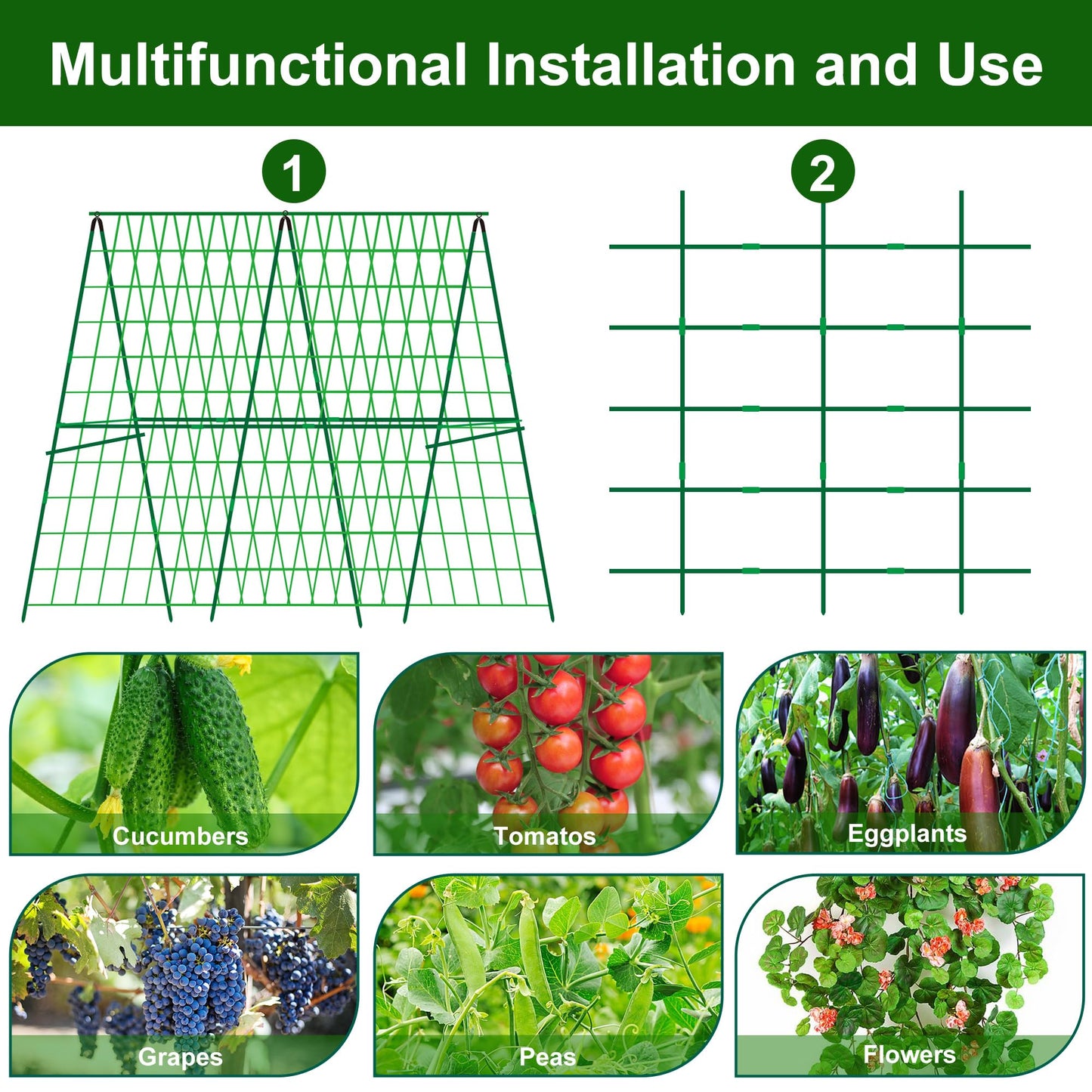 DECOHS A-Frame Metal Garden Trellis Set for Raised Bed-47x 47 Inch Detachable Climbing Trellis with Net and Clips for Outdoor Plant Cucumber Flowers Vegetables