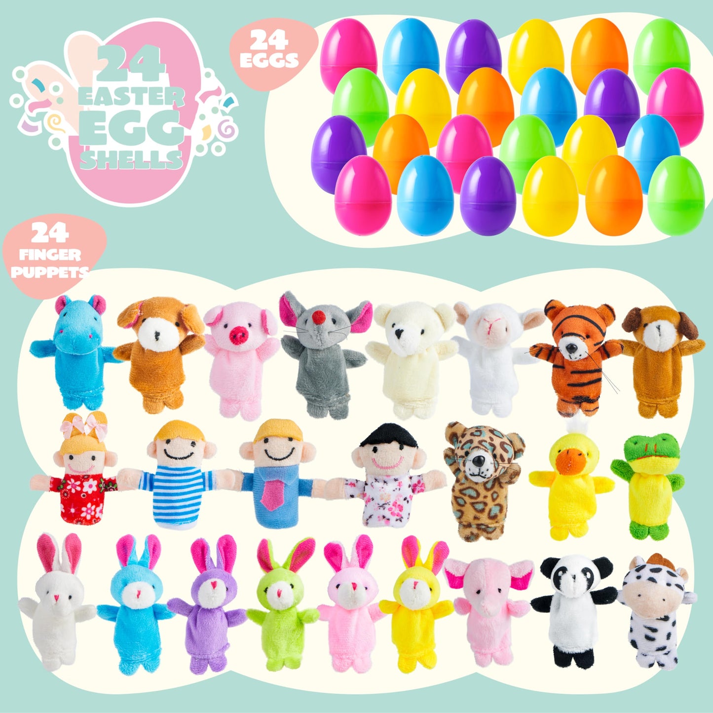 JOYIN 24 Pcs Easter Eggs Filled with Finger Puppets, Prefilled Easter Egg with Cartoon Animal Puppets for Kids Easter Eggs Hunt, Basket Stuffers Fillers, Party Favors and Classroom Prize Supplies