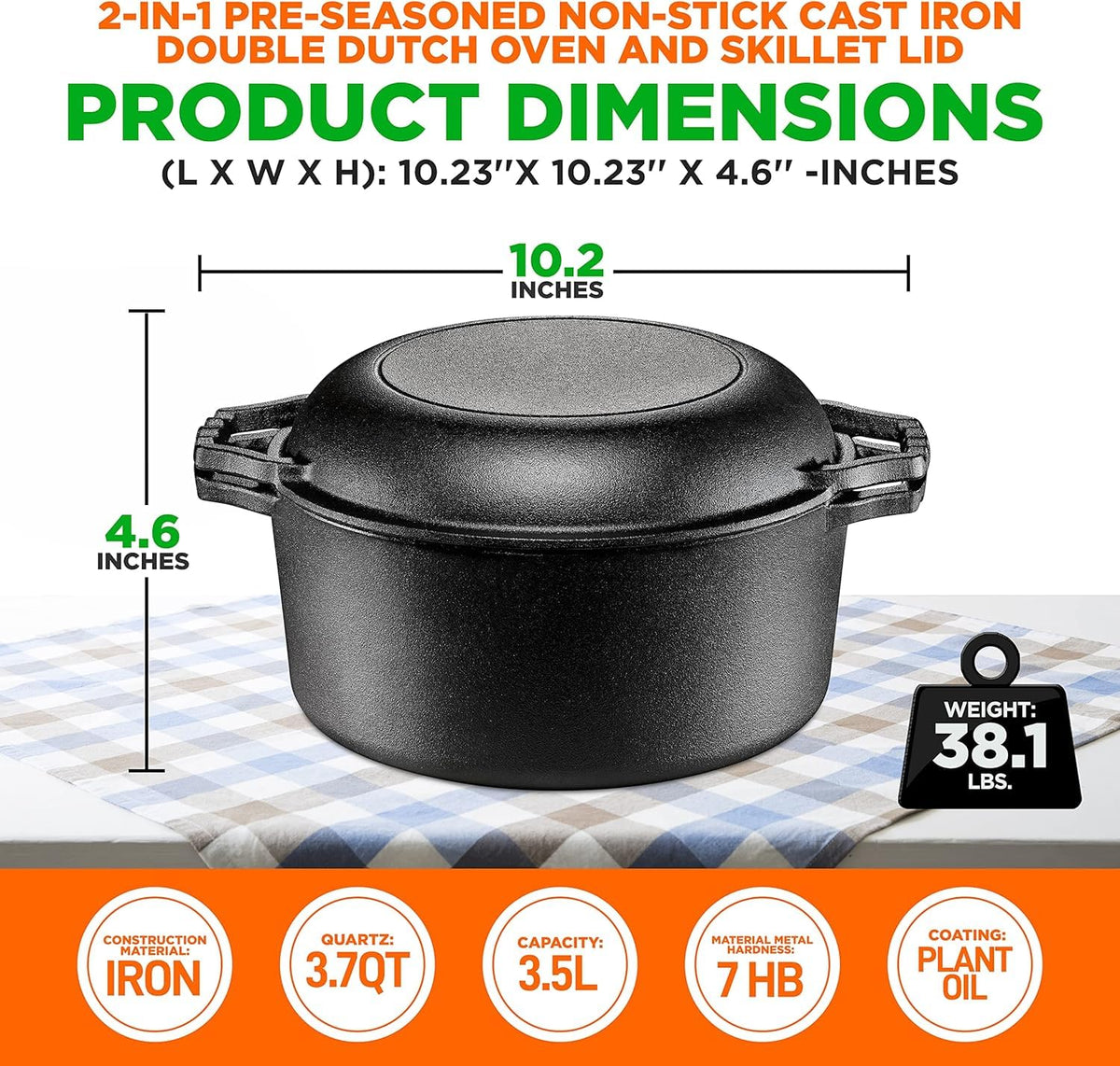 NutriChef Cast Iron Double Dutch Oven Multi Cooker, Pre-Seasoned 3.5 Qt Dutch Oven Pot with Lid Skillet, Heavy-Duty Nonstick Cookware for Baking, Roasting & Braising, Black