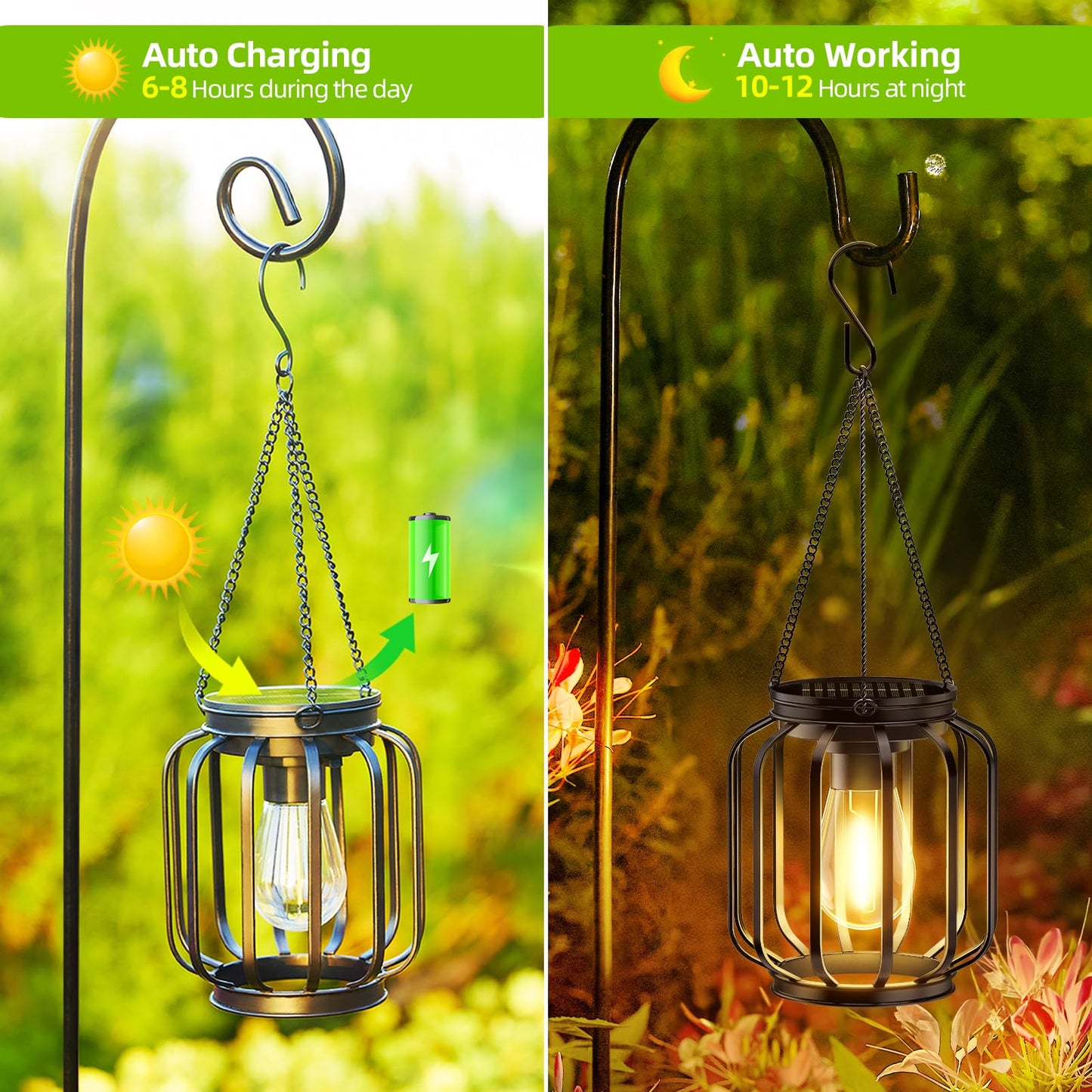 KOOPER Solar Lanterns Outdoor: 2 Pack Metal Solar Hanging Lanterns with Hook, Bright Waterproof LED Lanterns for Outside, Classic Decorative Solar-Powered Light for Yard Garden Patio Porch Decor