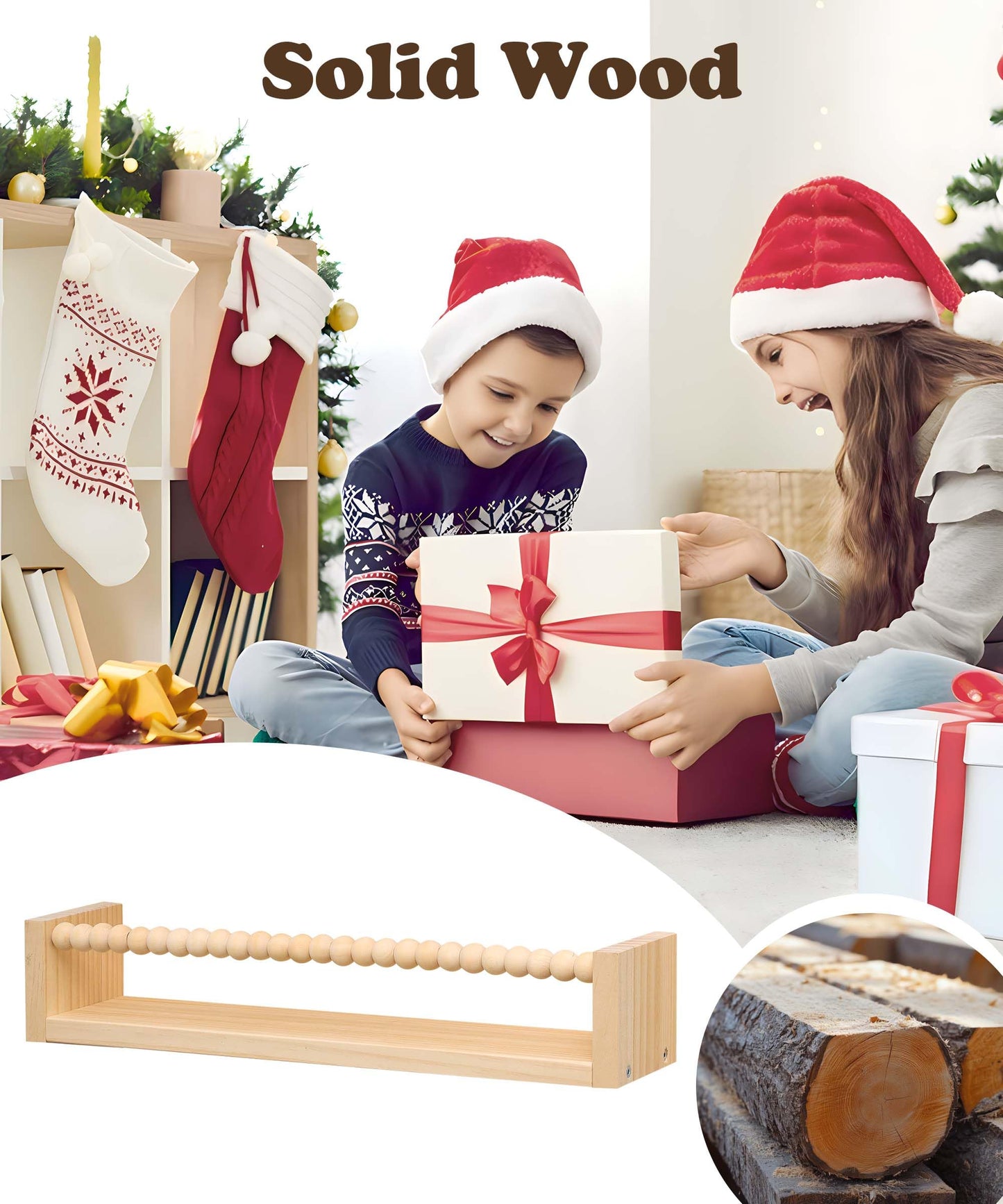 TUEGEGNS Nursery Book Shelves for Kids Rooms with Beads Set of 3,Wooden Floating Wall Bookshelves for Kids (Set of 3 Natural)