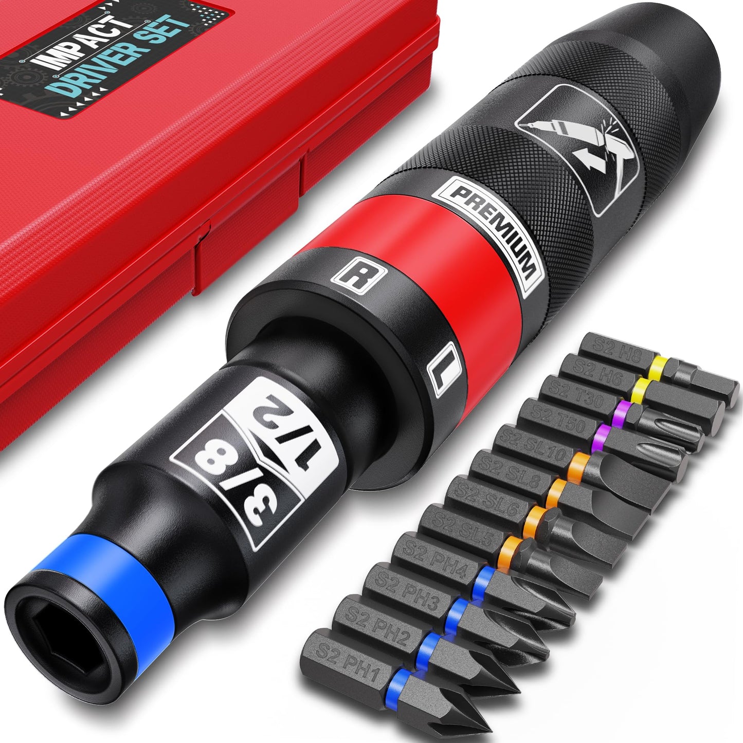 Aiourx 1/2 Inch Drive Manual Impact Driver Set, Reversible Impact Screwdriver Kit, S2 Steel Bits, for Loosen Rusted Fasteners or Frozen Bolts