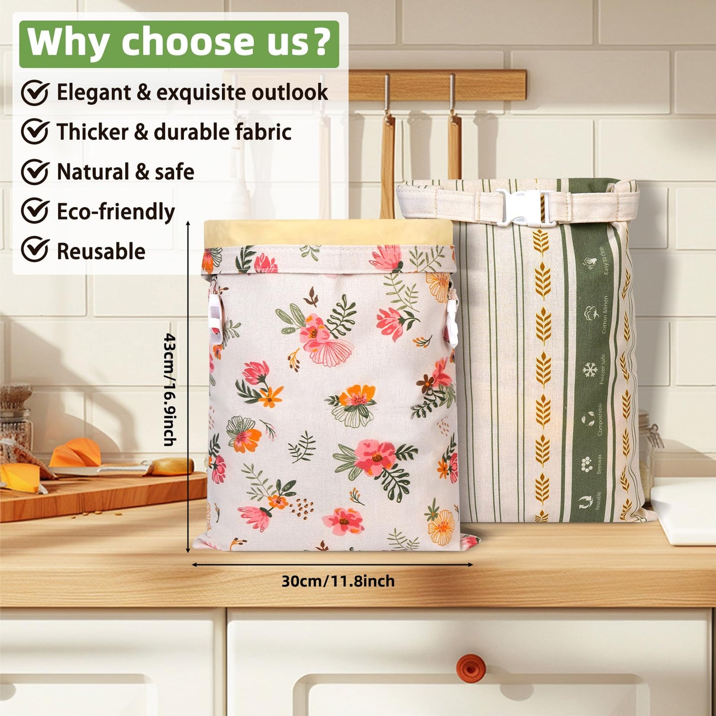 Essovee 2 Pack Cotton Beeswax Bread Bags - Large Reusable Cotton Linen Food Storage Covers for Sourdough & Homemade Bread, Waxed Bags Keep Bread Fresh, Proofing Bag Freezer-Safe, Easy Clean