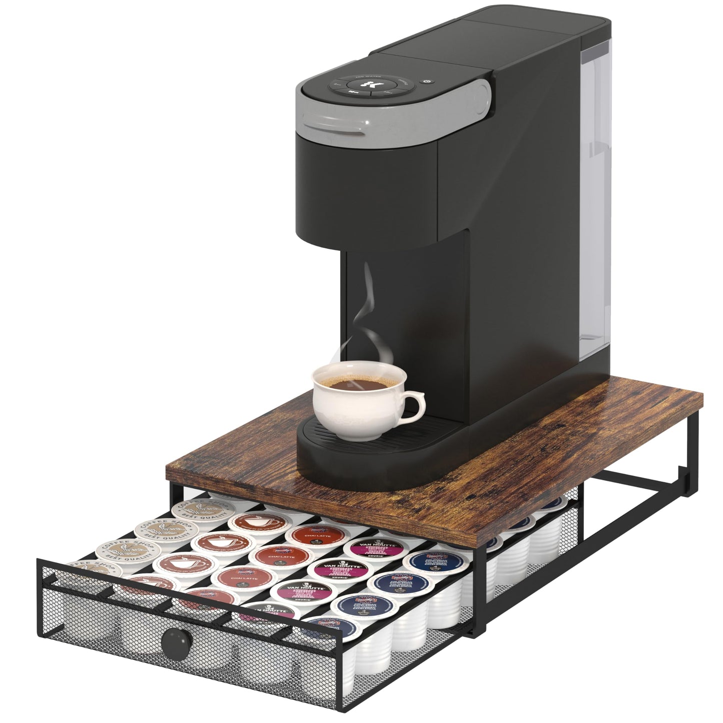 K Cup Organizer, Coffee Pod Holder Rack, Under Cabinet Pod Holder with Sliding Drawer holds up to 35 K-Cup Pods, No Assembly Needed, Rustic Brown