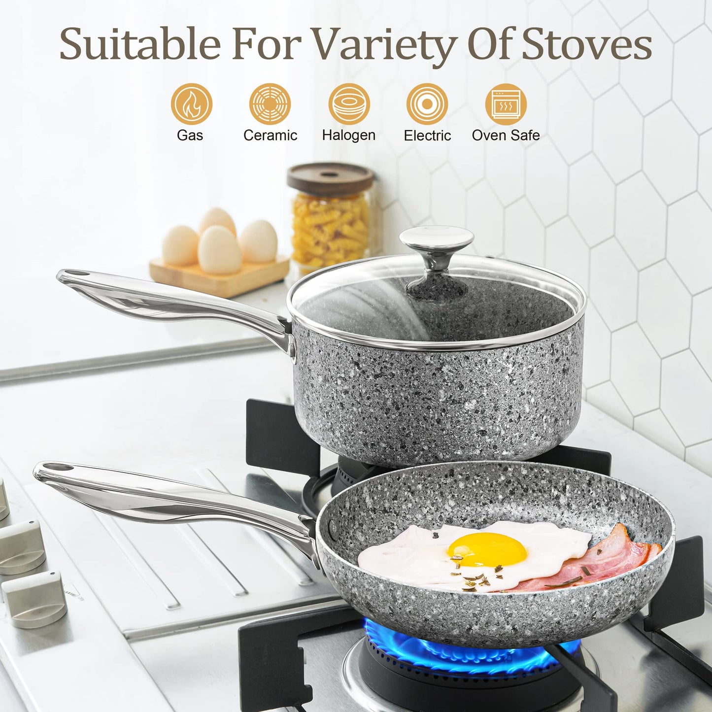 MICHELANGELO Stone Frying Pans Set 8/9.5/11 inch, Nonstick Frying Pans with 100% APEO & PFOA-Free Stone Non Stick Coating, Granite Skillet Set, Nonstick Skillets 3 Pcs