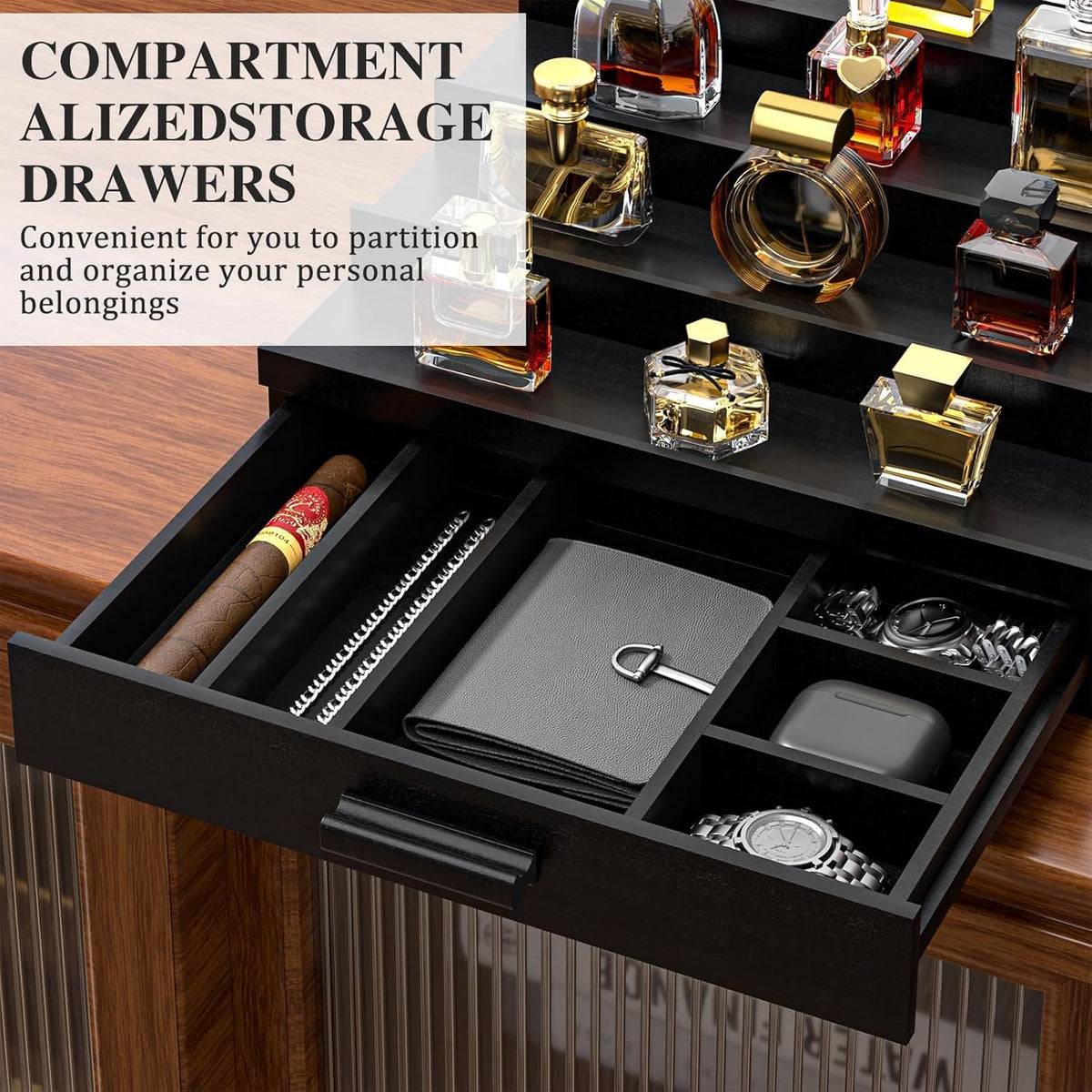 Wooden Cologne Organizer for Men 4 Tier of Elevated Cologne Display Shelf with Drawer Storage Perfume Organization and Storage Display Risers,Great Gift for Man (Black)