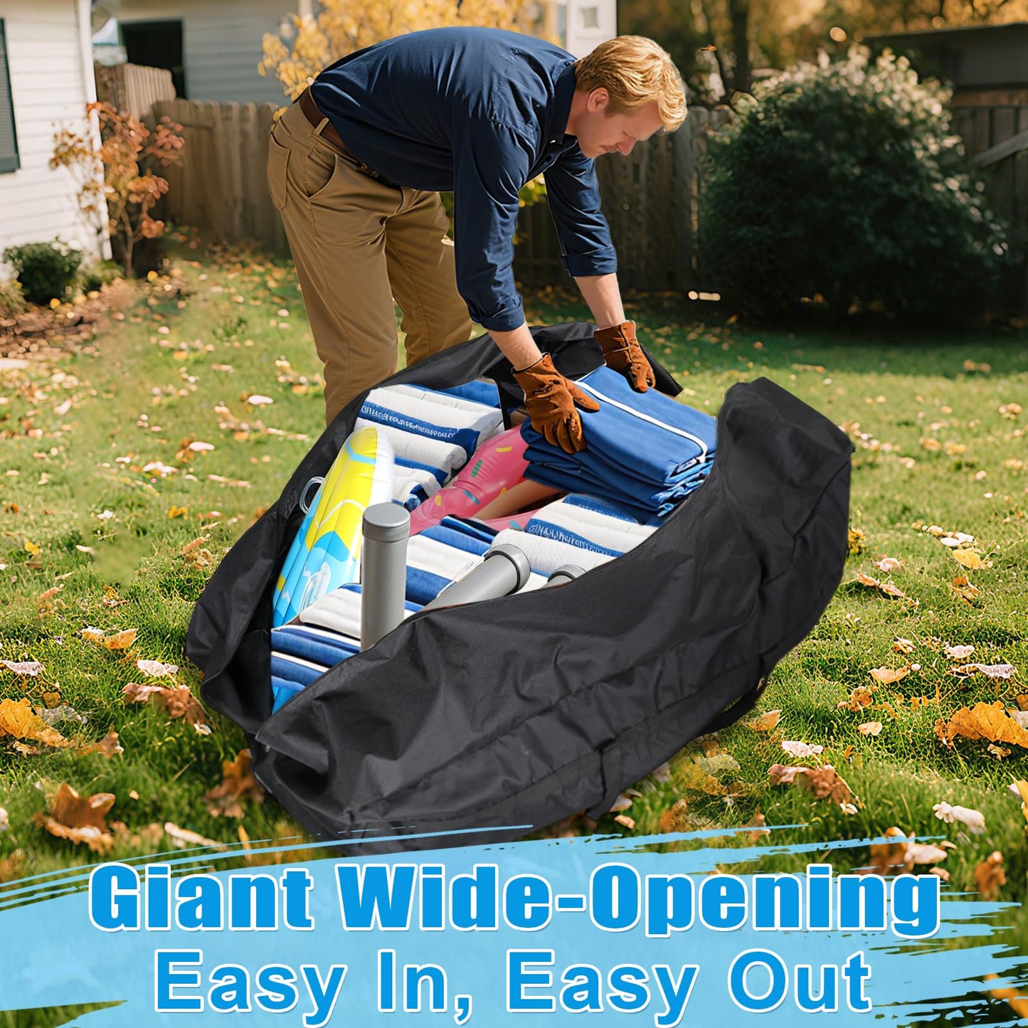 140 Gallon Extra Large Storage Bag for Aboveground Pools - Heavy-duty Pool Cover Storage with 4 Carrying Handles, Outdoor Patio Cushion Bag, 56''x24''x24''