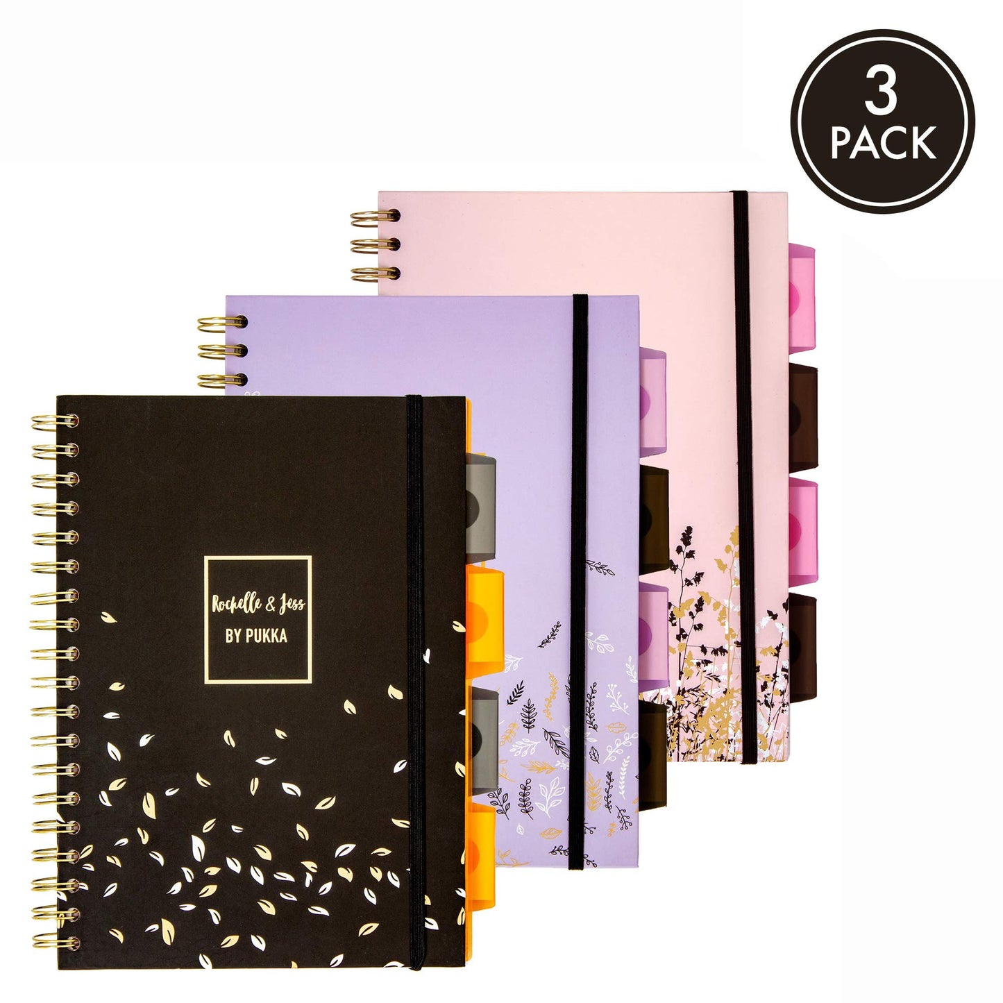 Pukka Pad, 5 Subject Spiral Notebook 3-Pack with Repositionable Dividers - 200 Pages of 80GSM Paper with Perforated Edges - Rochelle & Jess, B5-7 X 10in