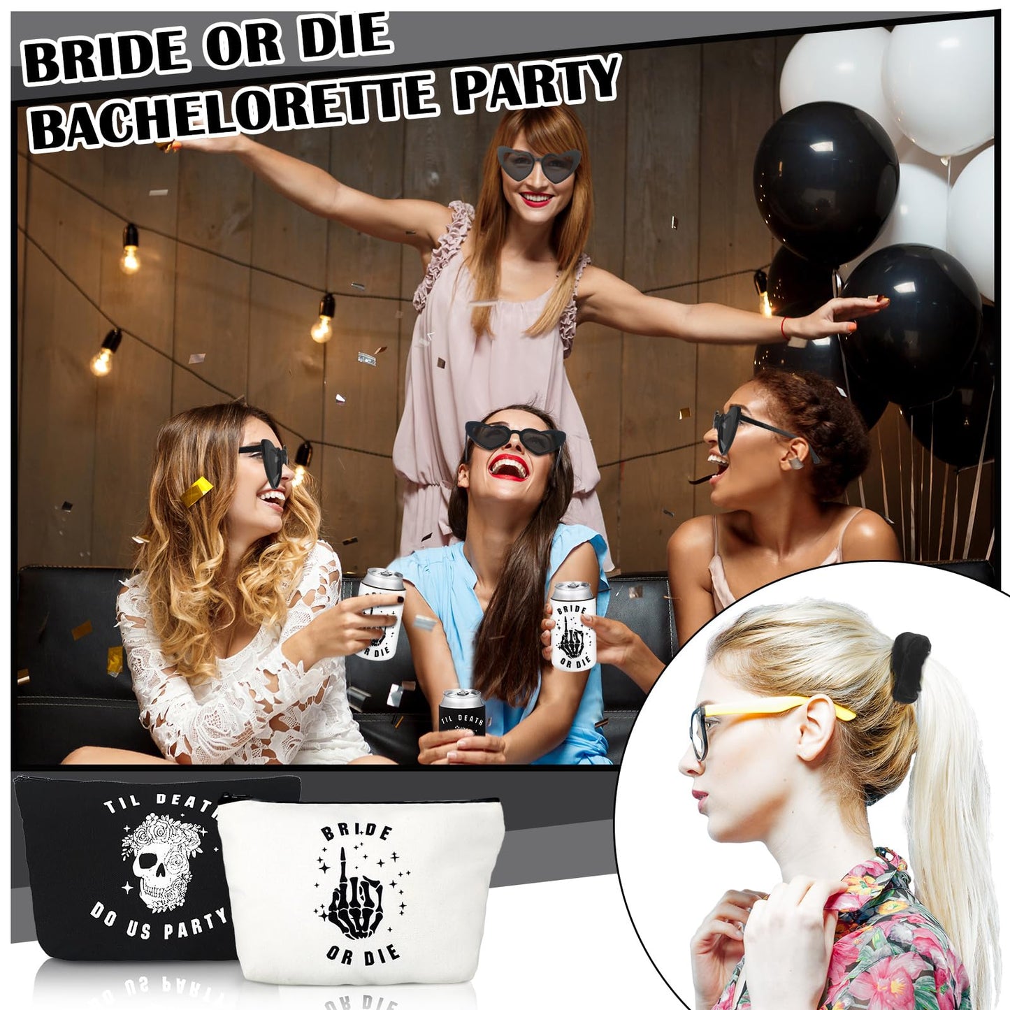 Norme Bride or Die Bachelorette Party Supplies Till Death Do Us Party Decor with Can Sleeve Bag Scrunchie Sunglasses(28 Pcs)