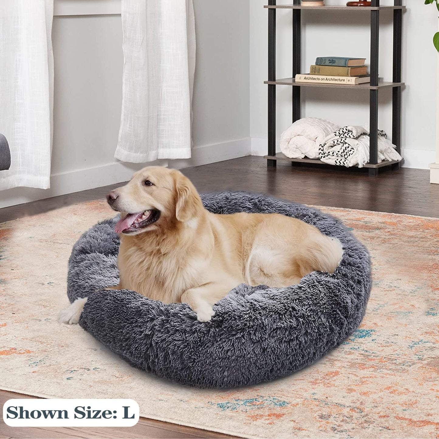 Dog Bed, Calming Donut Washable Pet Bed for Large Dogs up to 60lbs, Anti Anxiety Long Plush Faux Fur Round Dog Bed with Non-Slip Bottom