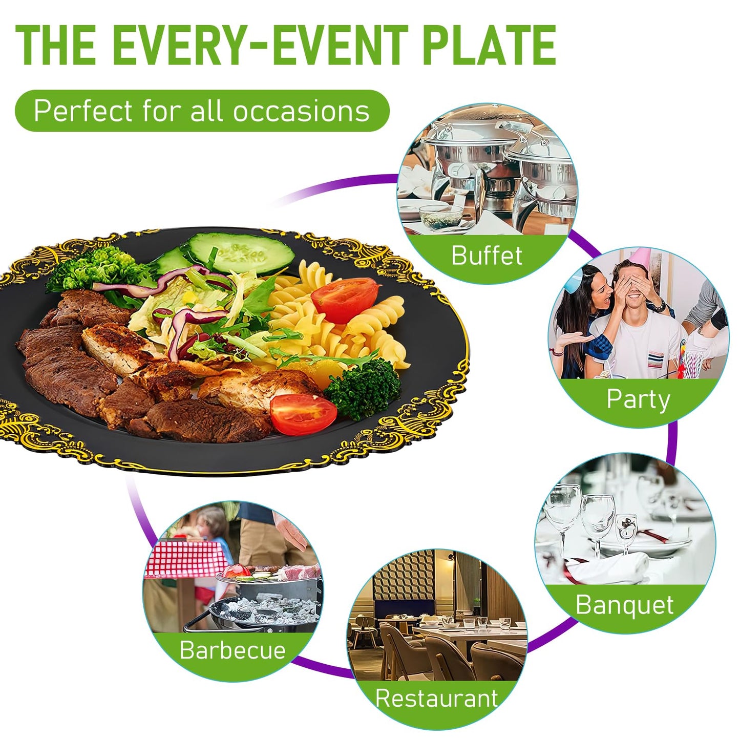 211 Piece Plastic Plates with Gold Trim, Fancy Disposable Dinnerware Set Include Dinner Plates, Dessert Plates, Cups, Napkins, Silverware and Tablecloth for Party Wedding Halloween, 30 Guests