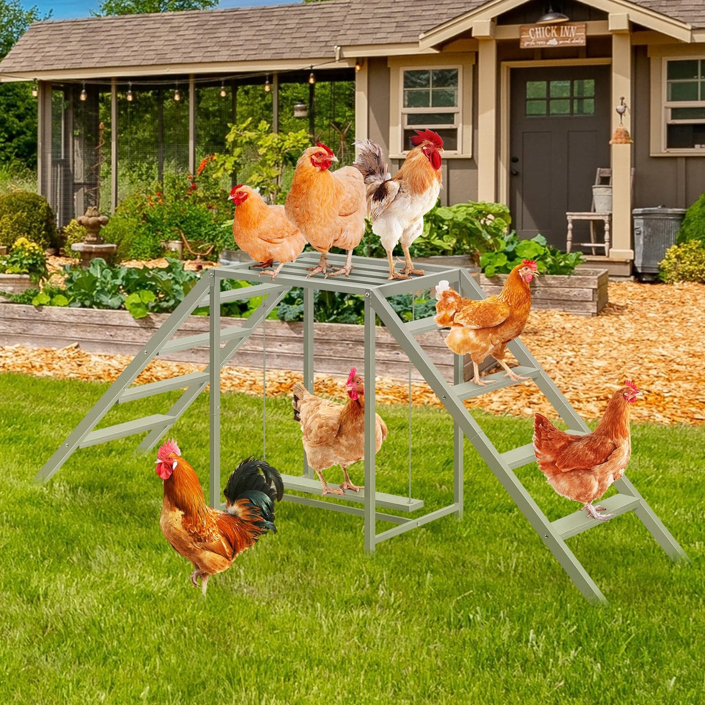 Chicken Coop Perches with Swing, Roosting Bars, Chicken Run Accessories Toy, Wooden Ladder for Pet's Healthy & Happy, Sturdy and Easy to Clean, Suitable for Backyard Farm
