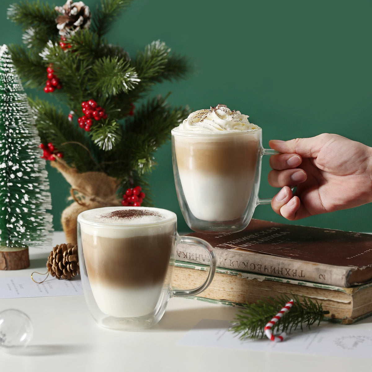 CnGlass Large Glass Coffee Mugs 12oz,Double Walled Insulated Cappuccino Mug with Handle,Set of 4