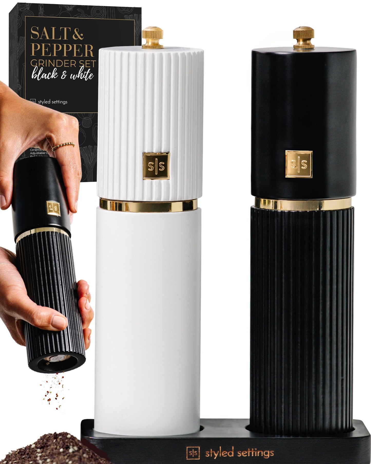 Styled Settings White and Black Salt and Pepper Grinder Set with Gold Accents – Set of Two Refillable Wooden Manual Grinders with Adjustable Ceramic Mills & Matching Wooden Stand - Ideal for Gifting