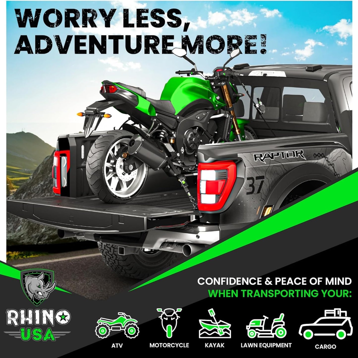 Rhino USA Retractable Ratchet Straps (2-Pack) - 1 Inch x 10 Feet (1,209lb Break Strength) - Auto Self Retracting Tie Down Straps for Truck, Cargo Trailer, Motorcycle, Rad & More - Black
