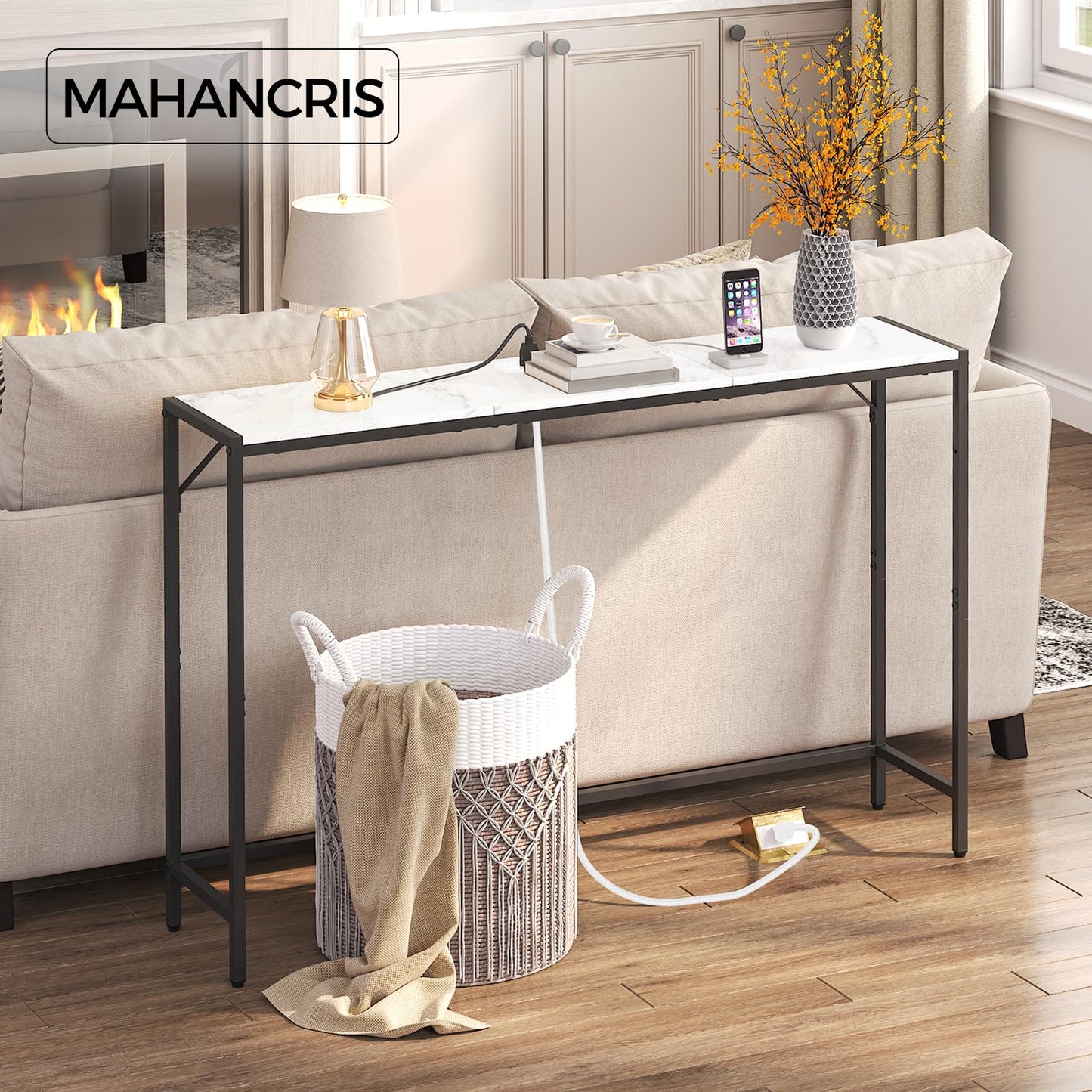 MAHANCRIS 110 cm Console Table, 43.3” Narrow Sofa Table, Entrance Table with Power Station, Behind Couch Table, for Living Room, Hallway, Entryway, Foyer, Marble and Black CTHM112E01