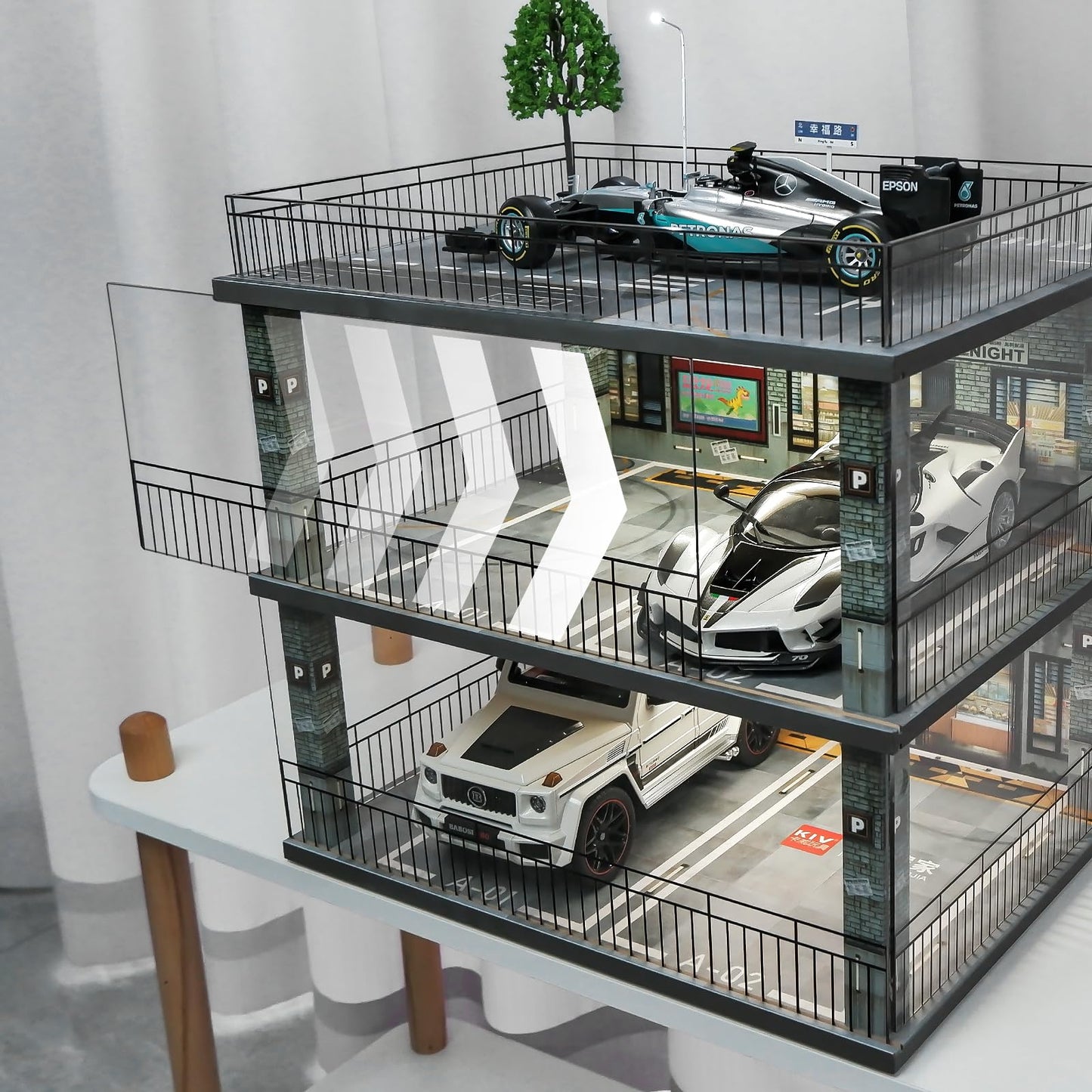 kivcmds 1:18 Scale Cars Display Case with USB Lights,Diecast Cars Diorama Garage Parking Collections Alloy Vehicle Model Car Wood Storage Shelf