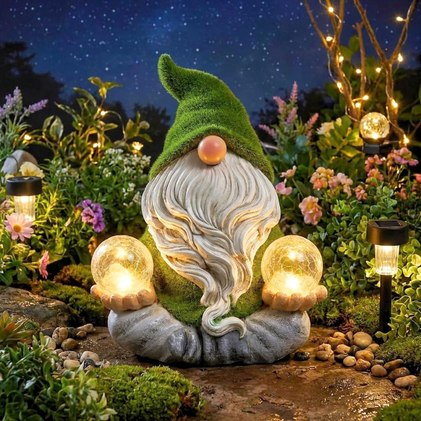 TERESA'S COLLECTIONS Garden Gnomes Decorations for Yard with Solar Lights, Yoga Gnome Resin Flocked Zen Garden Sculptures & Statues for Outdoor Front Porch Patio Santa Decor, Ideal Gifts, 8"