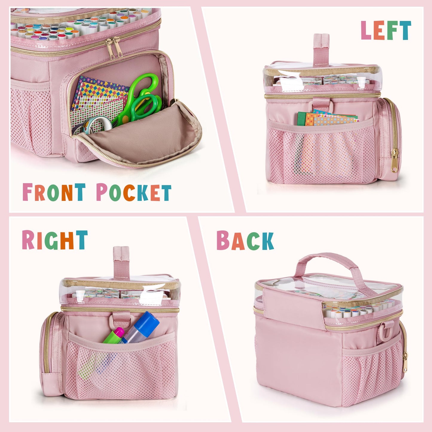 Rexmica Markers Organizer Case for 100 Markers, Markers Storage Organizer Bag with Divider and Shoulder Strap, Marker Pen Travel Carrying Case with 3 Pockets, Pink (Patented Design)