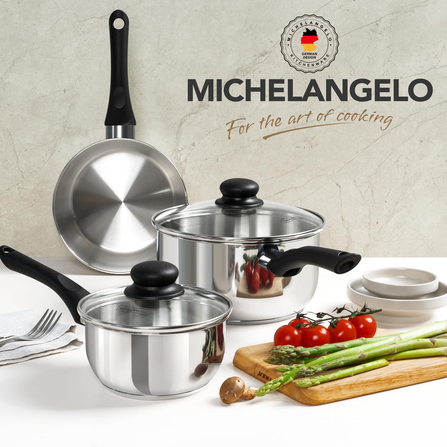 MICHELANGELO Stainless Steel Saucepan with Lid 6pcs, Triple Base Stainless Steel Pot Set, Saucepan Set with Bakelite Handle - 1QT & 2QT & 3QT