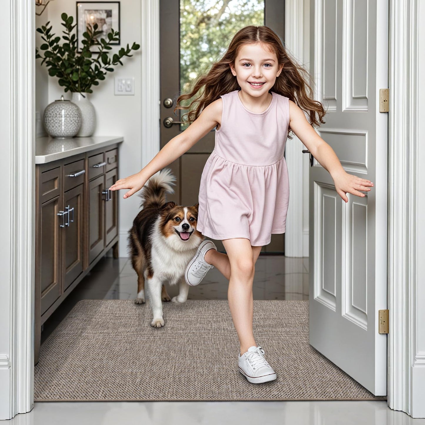 LUMI Ultra Thin Door Mat for Entryway, Low Profile Non Slip Rubber Backing Indoor Door Mat, Easy Clean Welcome Entrance Mat for Inside House, Patio,Beige 32"x48"