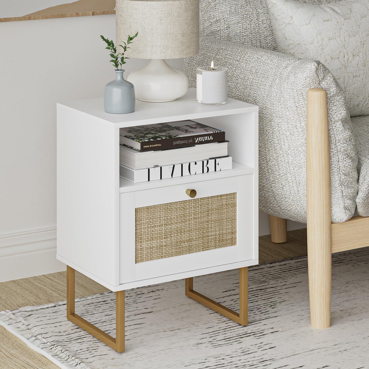 Masupu Rattan Nightstand,Modern Boho Farmhouse Wood Side Table with Storage Drawer and Open Shelf,Small Gold Frame Bedide End Table for Bedroom,Living Room,Office,White