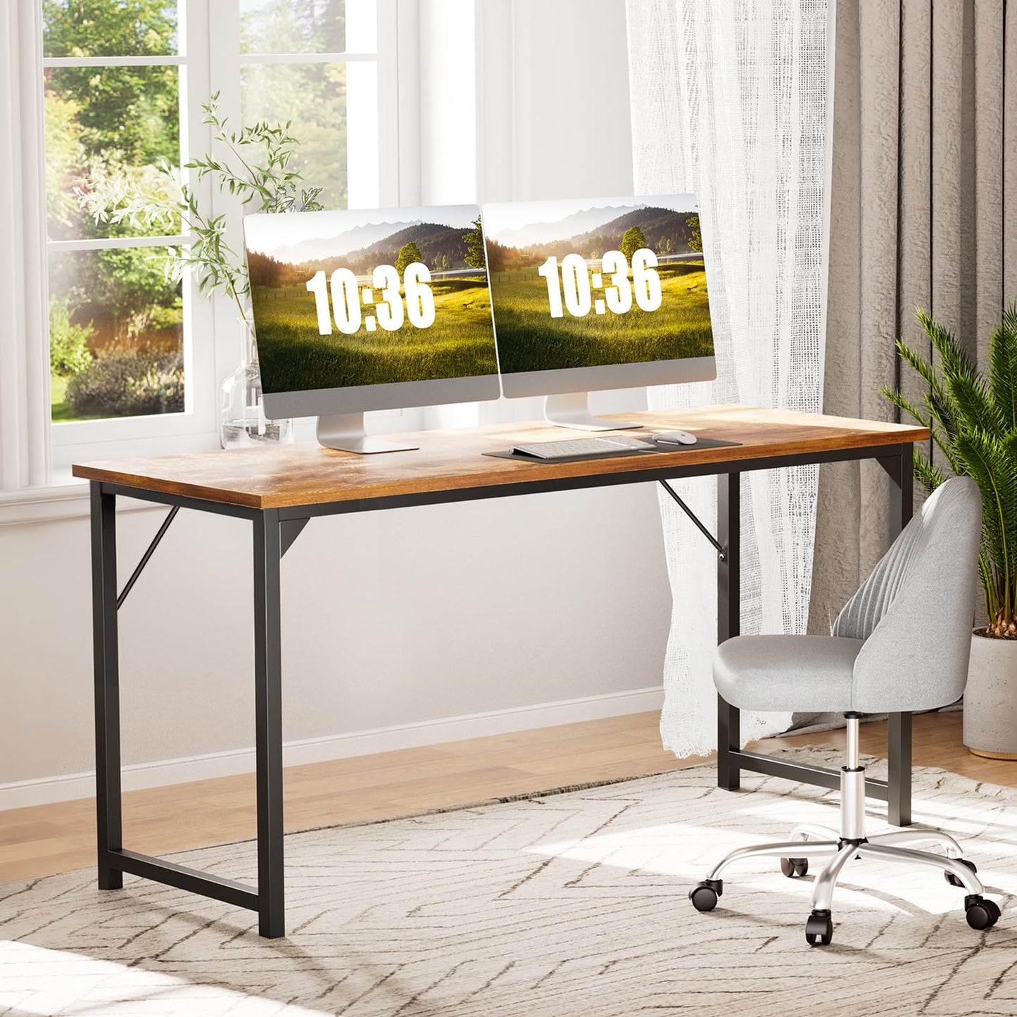 Sweetcrispy 47 Inch Computer Office Desk for Small Spaces, Writing Gaming Work Desk Modern Study Table with X-Shaped Reinforcement for Home Bedroom, Brown
