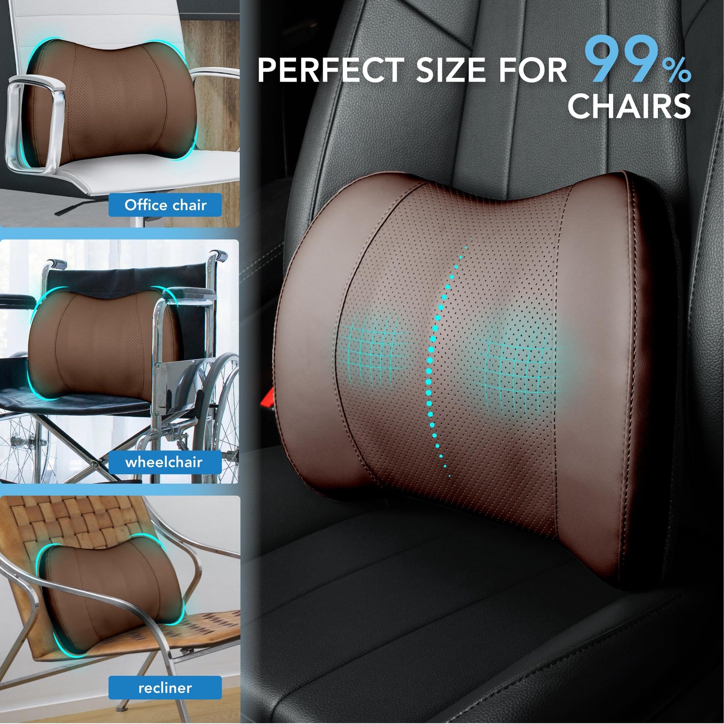 Lumbar Support Pillow: Memory Foam Lumbar Pillow for Lower Back Pain Relief - Car Back Cushion for Driving - Lumbar Support for Car-Office Chair, Wheelchair - Leather Brown
