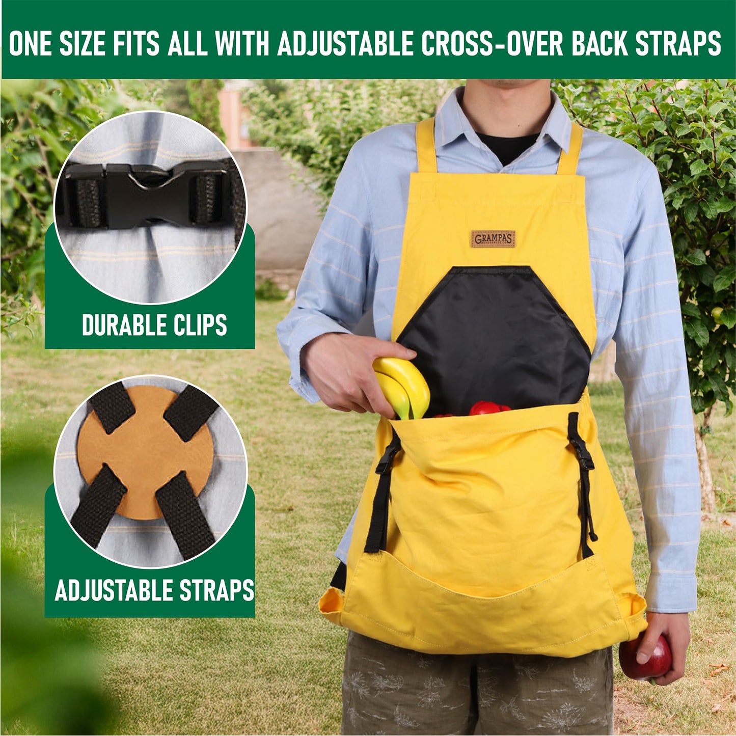 Grampa's Garden Apron - Cross Back Gardening Apron With Pockets For Women & Men | Harvest Apron with Large Kangaroo Pouch (Yellow)
