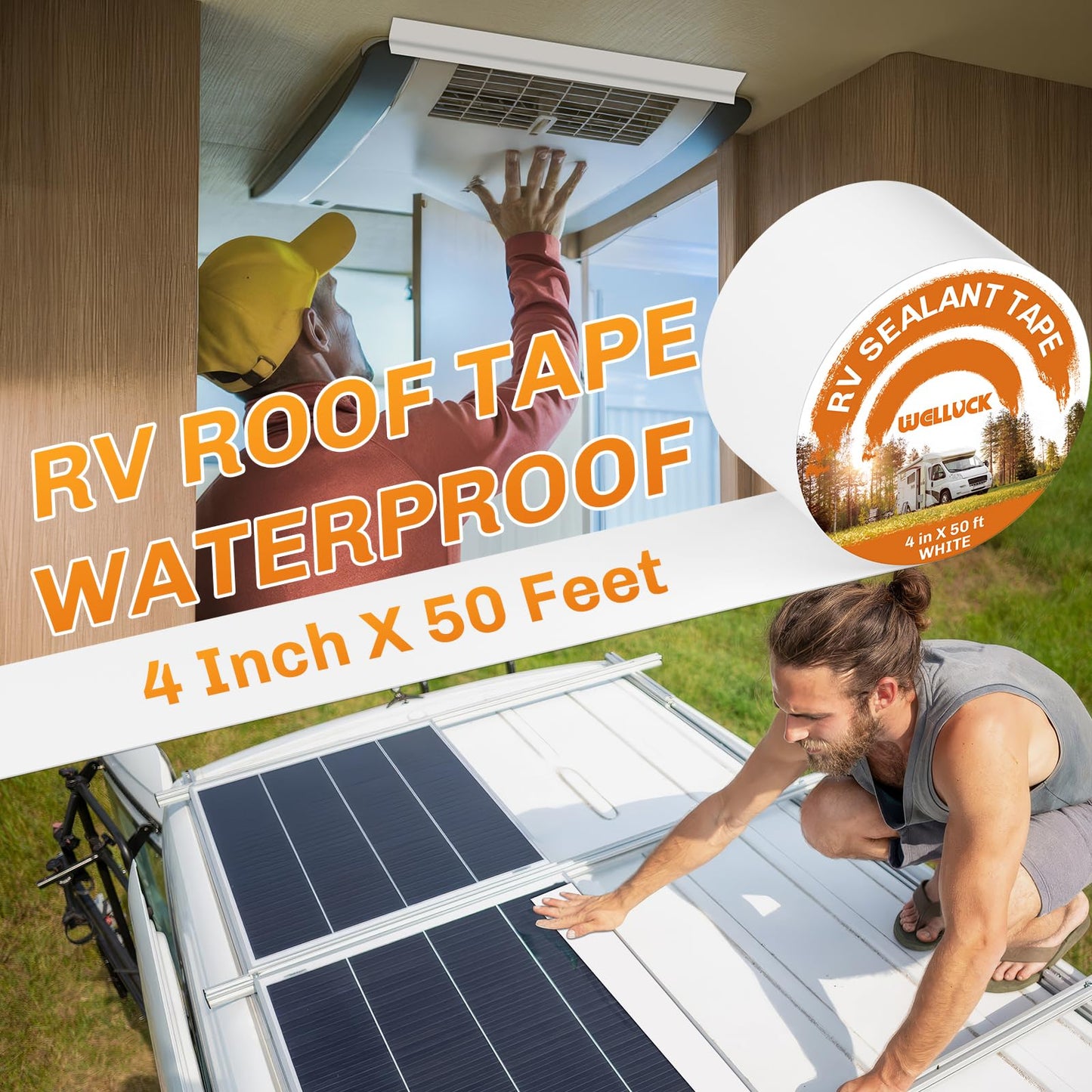 WELLUCK RV Roof Tape Sealant Roofing, Natural White RV Tape for Roof Repair Camper Trailer Boat Sealing Leak Repair, UV & Waterproof (4 Inch X 50 Foot White)